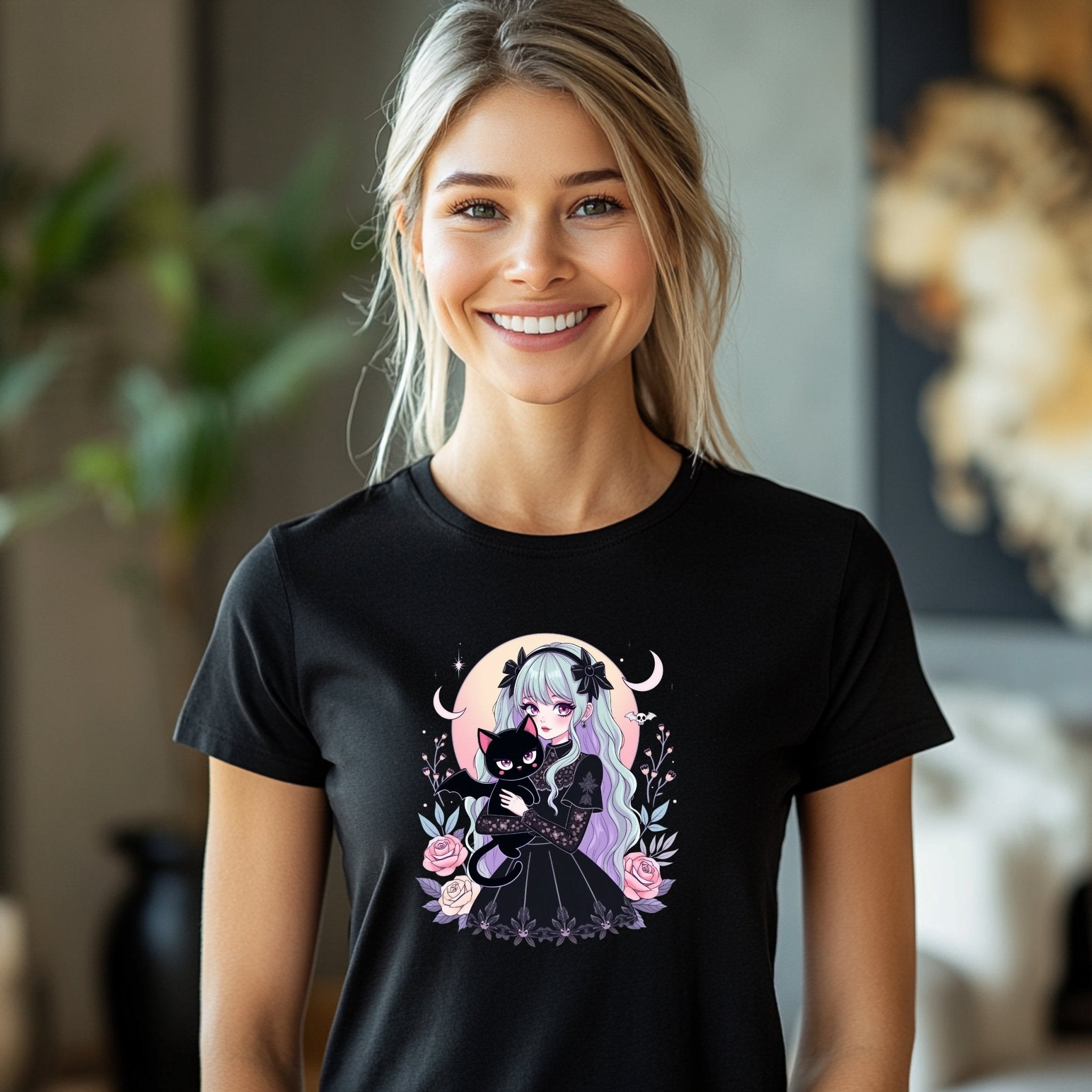 Gothic Harajuku T-Shirt with Kawaii Cat and Floral Design, Pastel Goth Anime Graphic Tee, Soft Cotton Unisex Clothing - Craig Michael Design