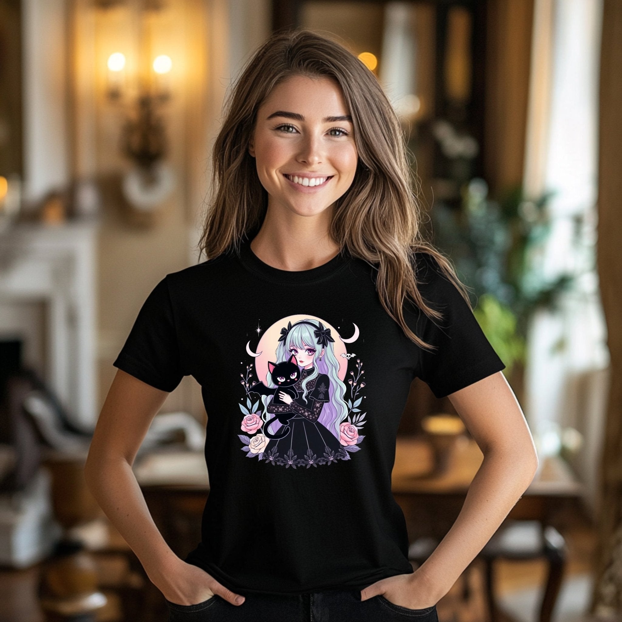 Gothic Harajuku T-Shirt with Kawaii Cat and Floral Design, Pastel Goth Anime Graphic Tee, Soft Cotton Unisex Clothing - Craig Michael Design