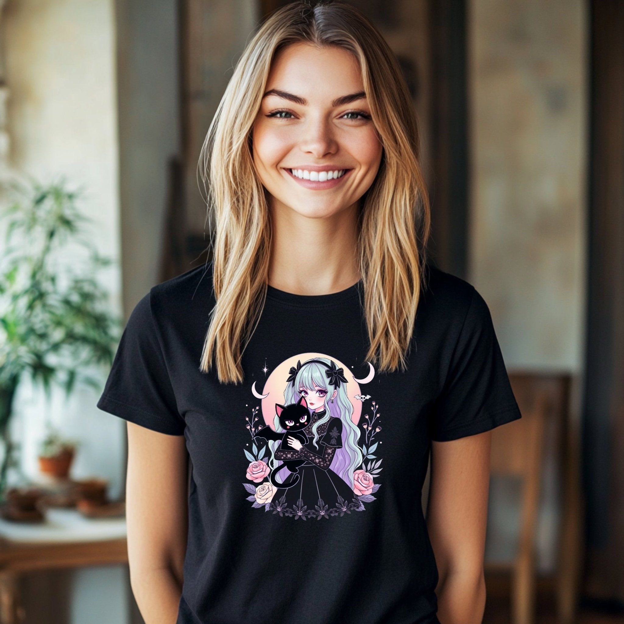 Gothic Harajuku T-Shirt with Kawaii Cat and Floral Design, Pastel Goth Anime Graphic Tee, Soft Cotton Unisex Clothing - Craig Michael Design