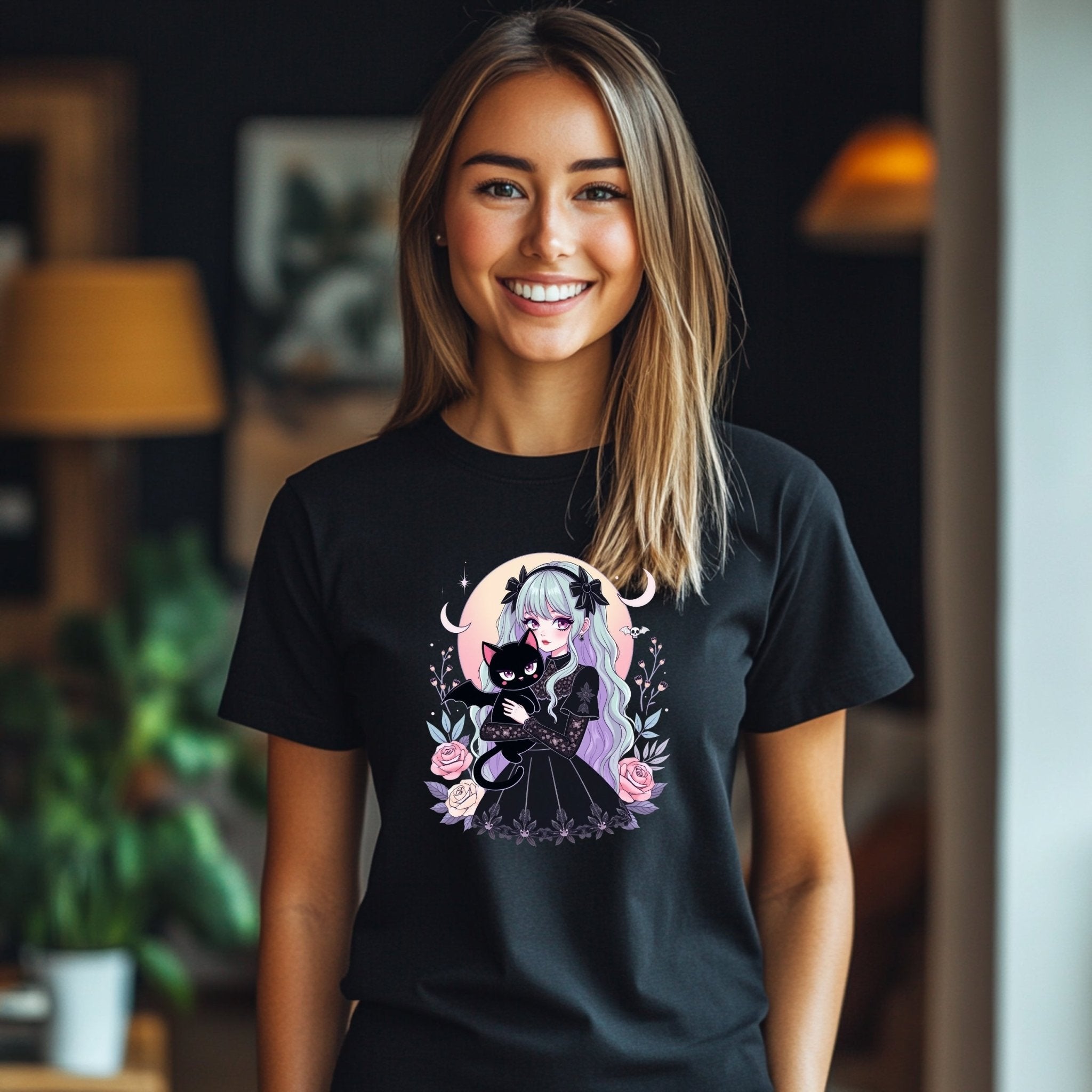 Gothic Harajuku T-Shirt with Kawaii Cat and Floral Design, Pastel Goth Anime Graphic Tee, Soft Cotton Unisex Clothing - Craig Michael Design