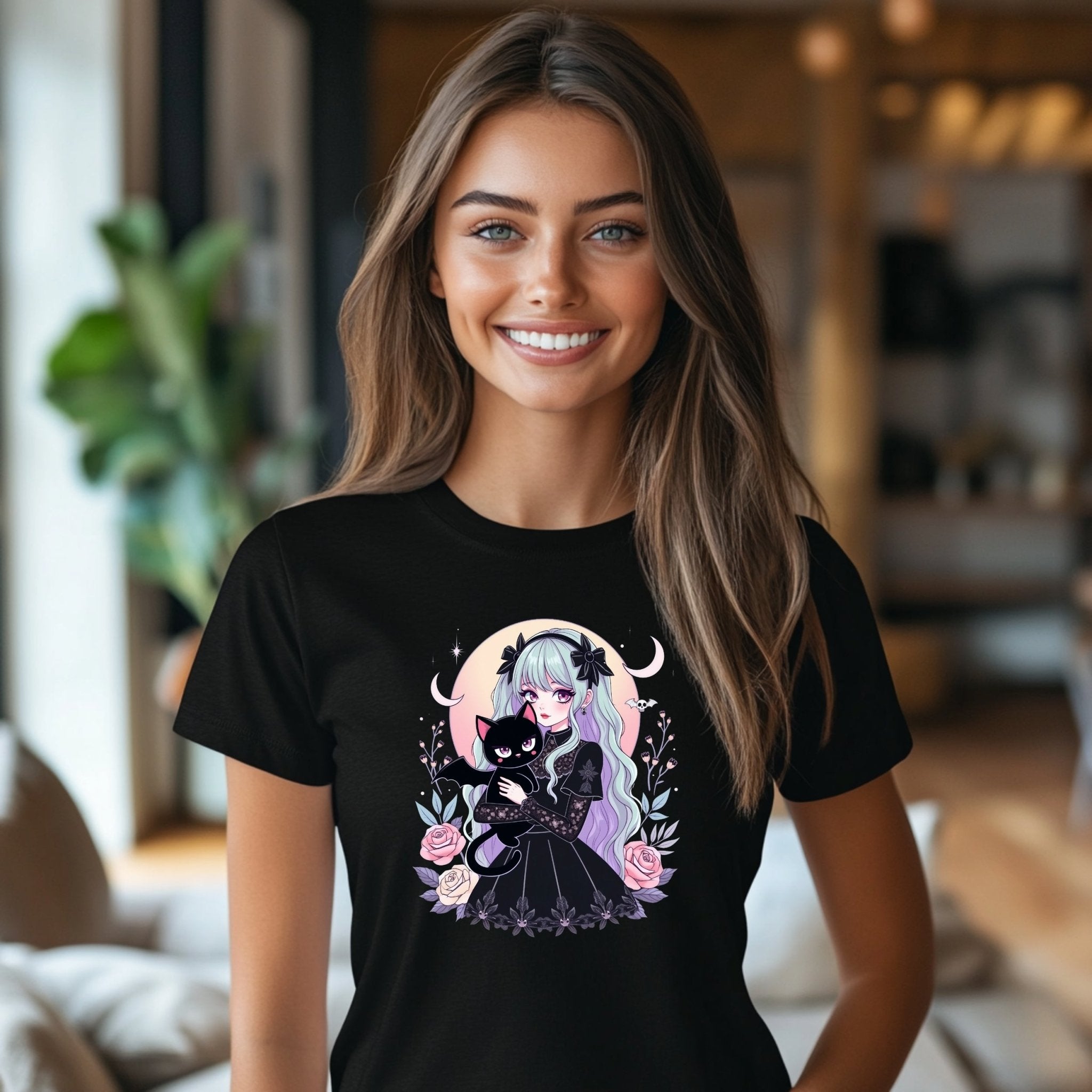 Gothic Harajuku T-Shirt with Kawaii Cat and Floral Design, Pastel Goth Anime Graphic Tee, Soft Cotton Unisex Clothing - Craig Michael Design