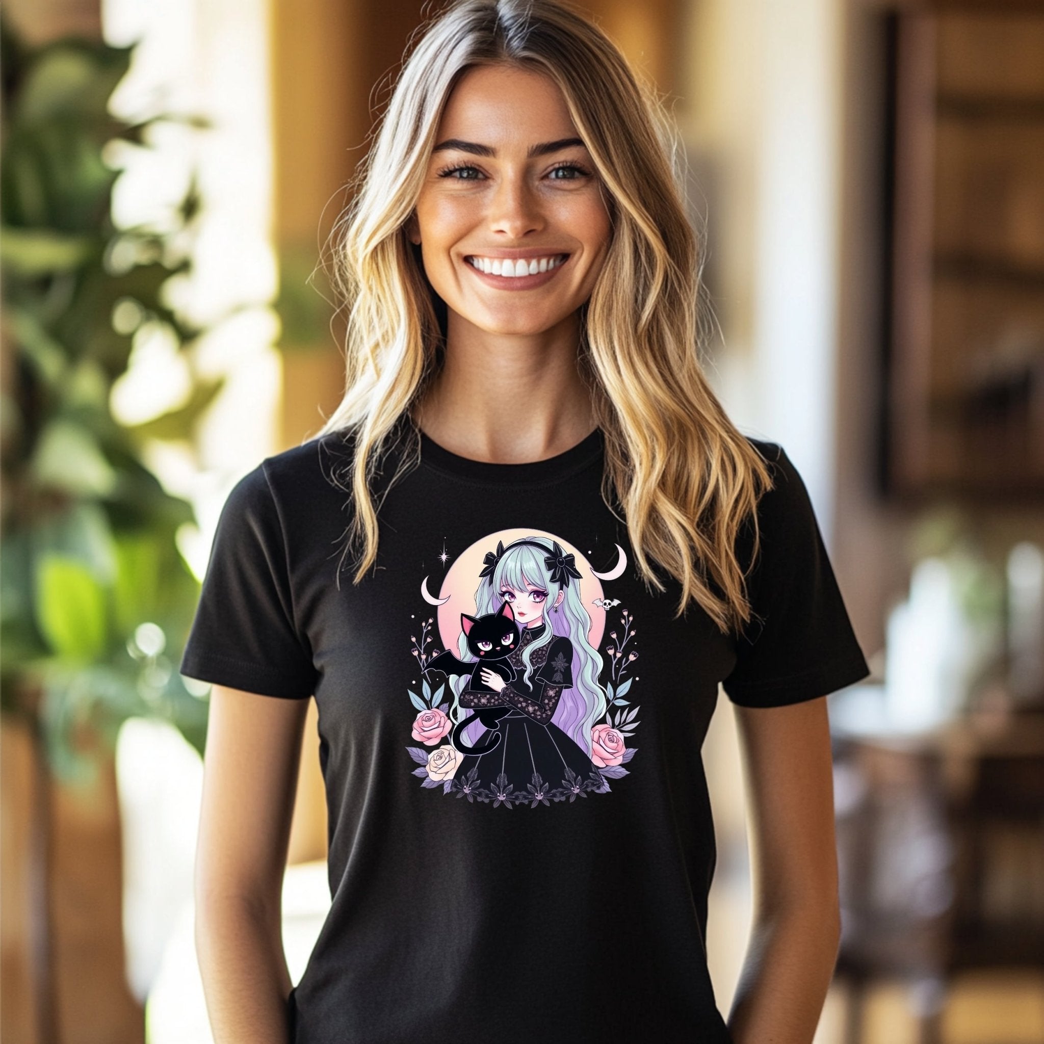 Gothic Harajuku T-Shirt with Kawaii Cat and Floral Design, Pastel Goth Anime Graphic Tee, Soft Cotton Unisex Clothing - Craig Michael Design