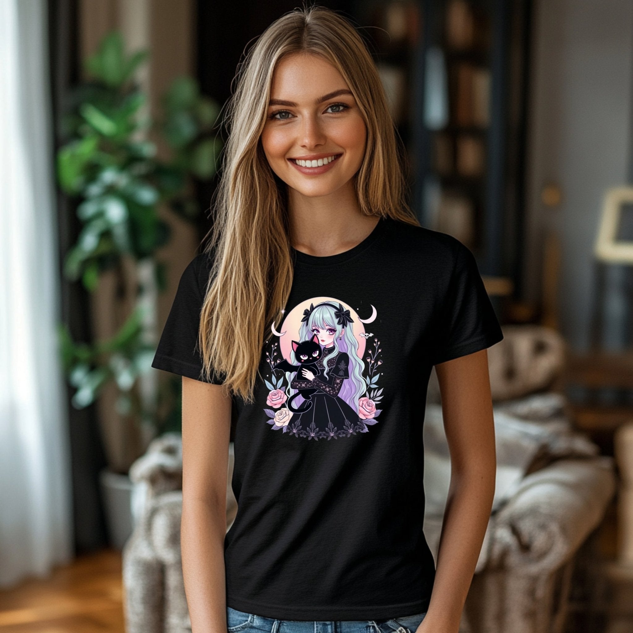 Gothic Harajuku T-Shirt with Kawaii Cat and Floral Design, Pastel Goth Anime Graphic Tee, Soft Cotton Unisex Clothing - Craig Michael Design