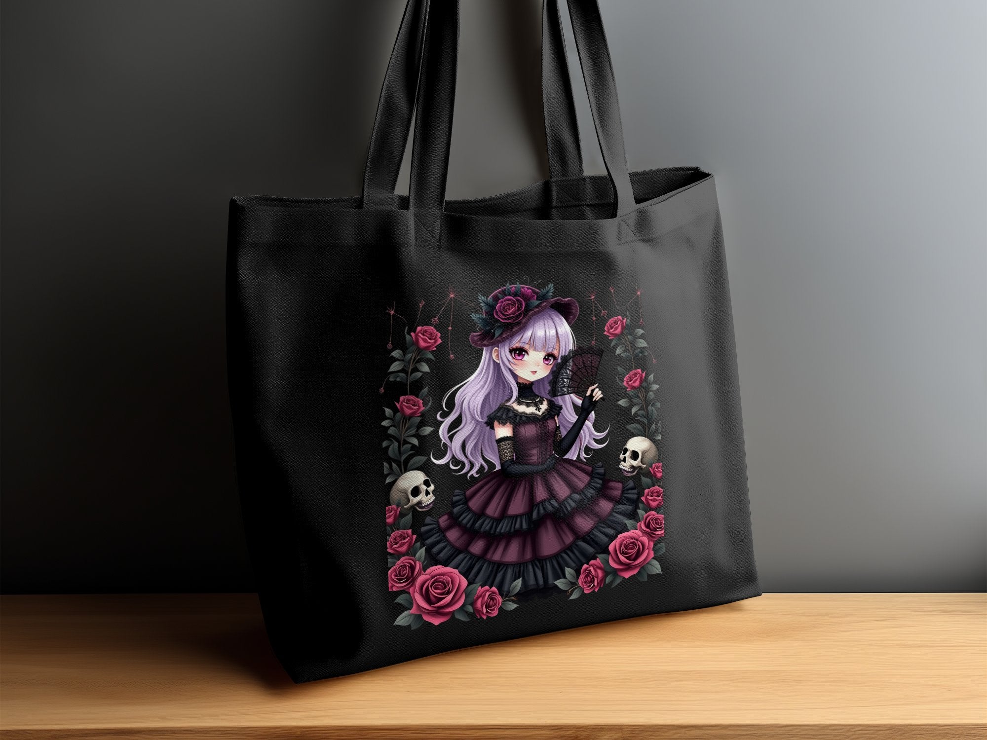 Gothic Lolita Anime Girl Tote Bag, Cute Anime Art Tote Bag, Dark Aesthetic Tote Bag, Skull and Roses Art Tote Bag - Craig Michael Design