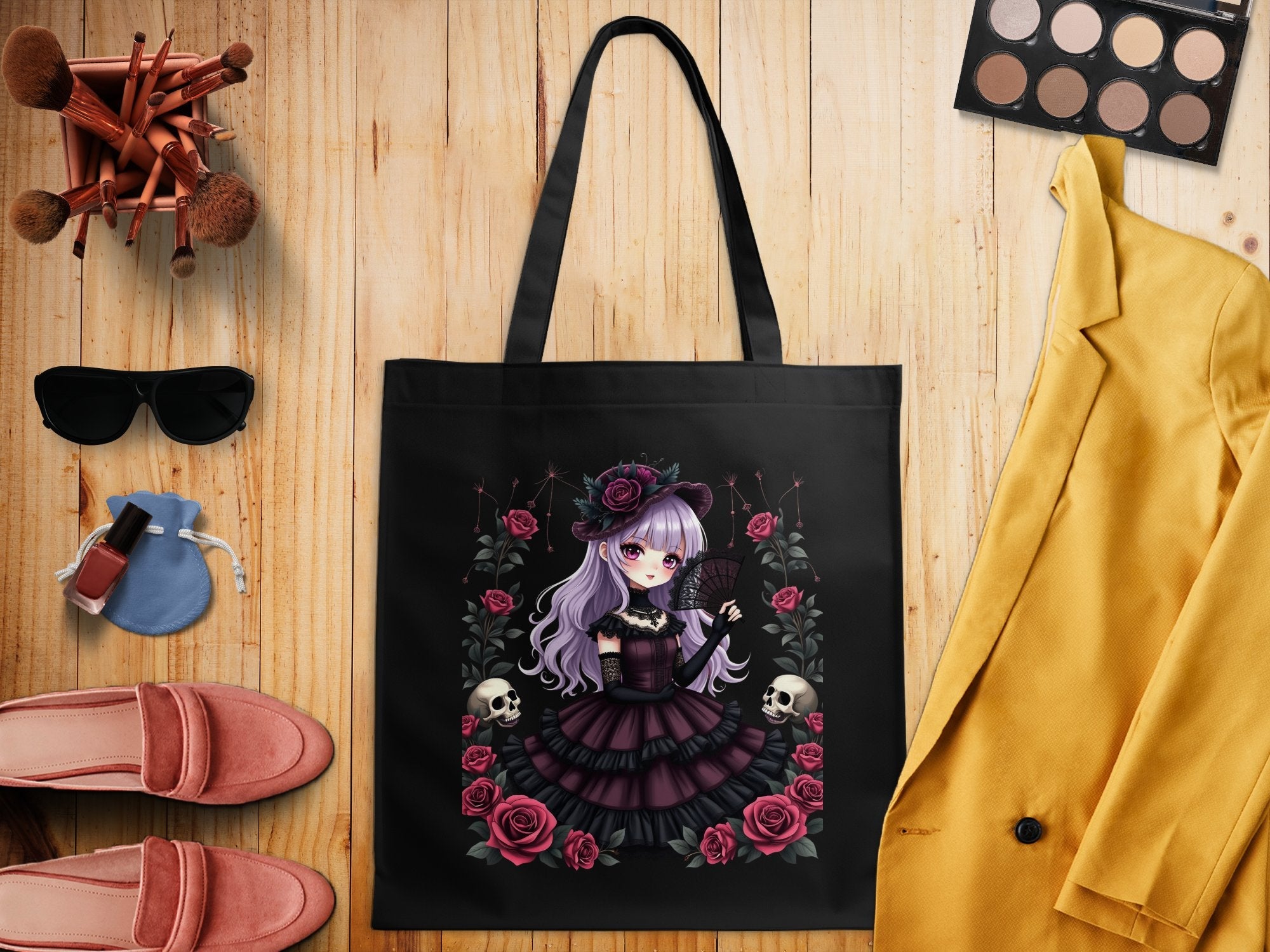 Gothic Lolita Anime Girl Tote Bag, Cute Anime Art Tote Bag, Dark Aesthetic Tote Bag, Skull and Roses Art Tote Bag - Craig Michael Design