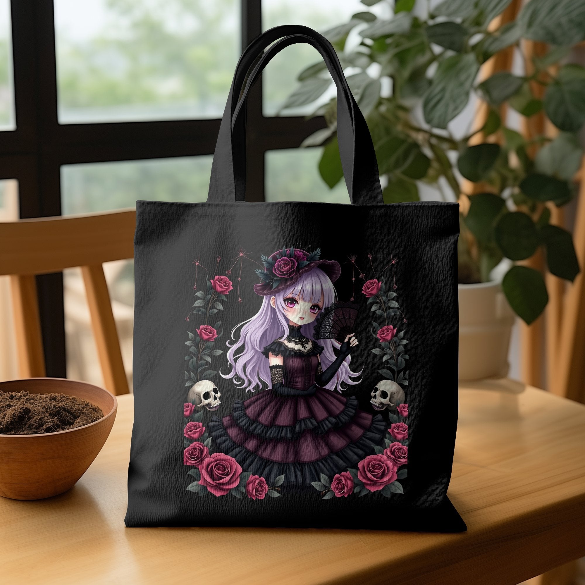 Gothic Lolita Anime Girl Tote Bag, Cute Anime Art Tote Bag, Dark Aesthetic Tote Bag, Skull and Roses Art Tote Bag - Craig Michael Design