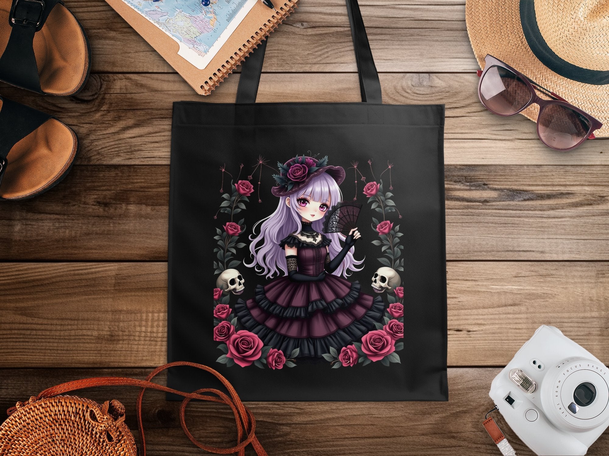 Gothic Lolita Anime Girl Tote Bag, Cute Anime Art Tote Bag, Dark Aesthetic Tote Bag, Skull and Roses Art Tote Bag - Craig Michael Design