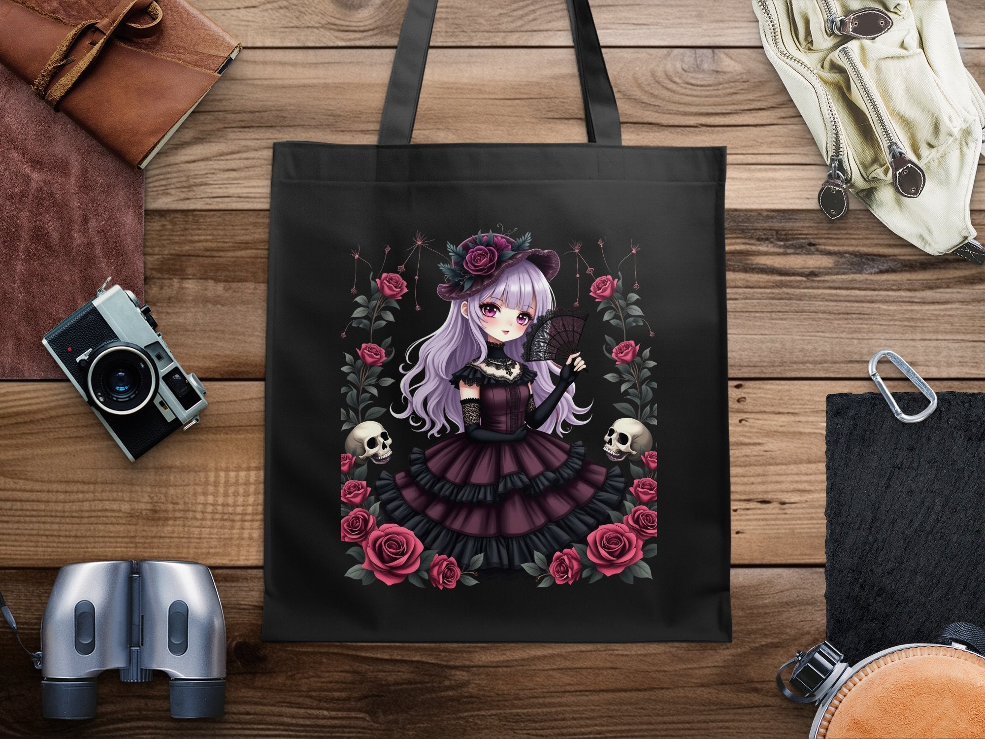 Gothic Lolita Anime Girl Tote Bag, Cute Anime Art Tote Bag, Dark Aesthetic Tote Bag, Skull and Roses Art Tote Bag - Craig Michael Design