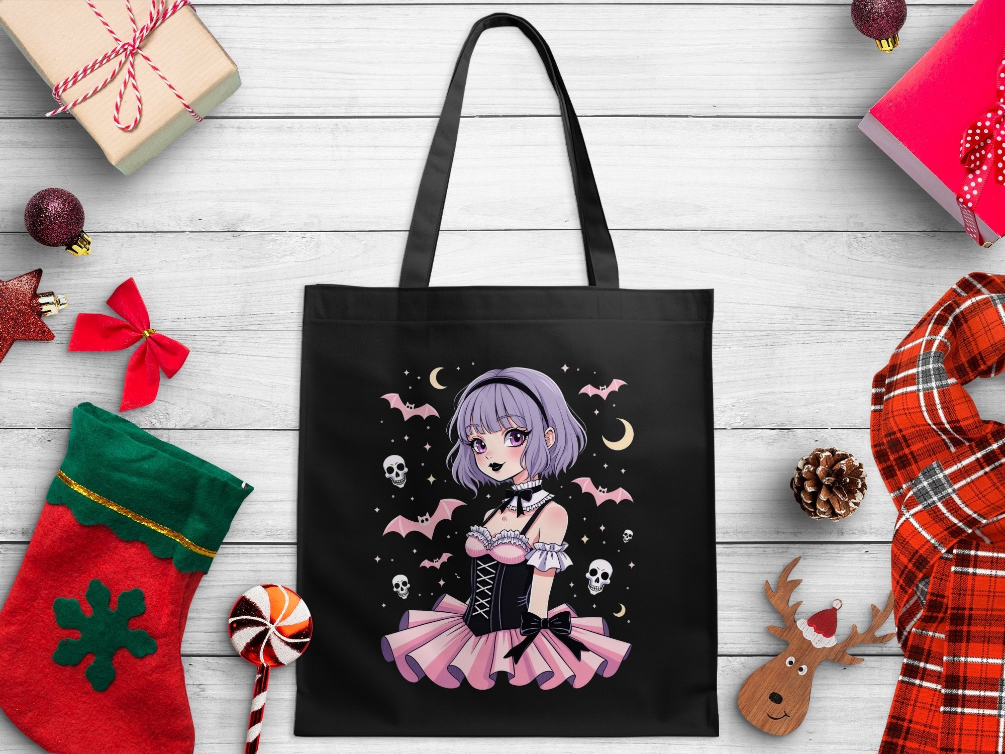 Gothic Lolita Anime Tote Bag, Kawaii Pastel Goth Tote, Cute Spooky Skull Bats Tote, Harajuku Fashion Bag, Gifts for Anime Lovers - Craig Michael Design