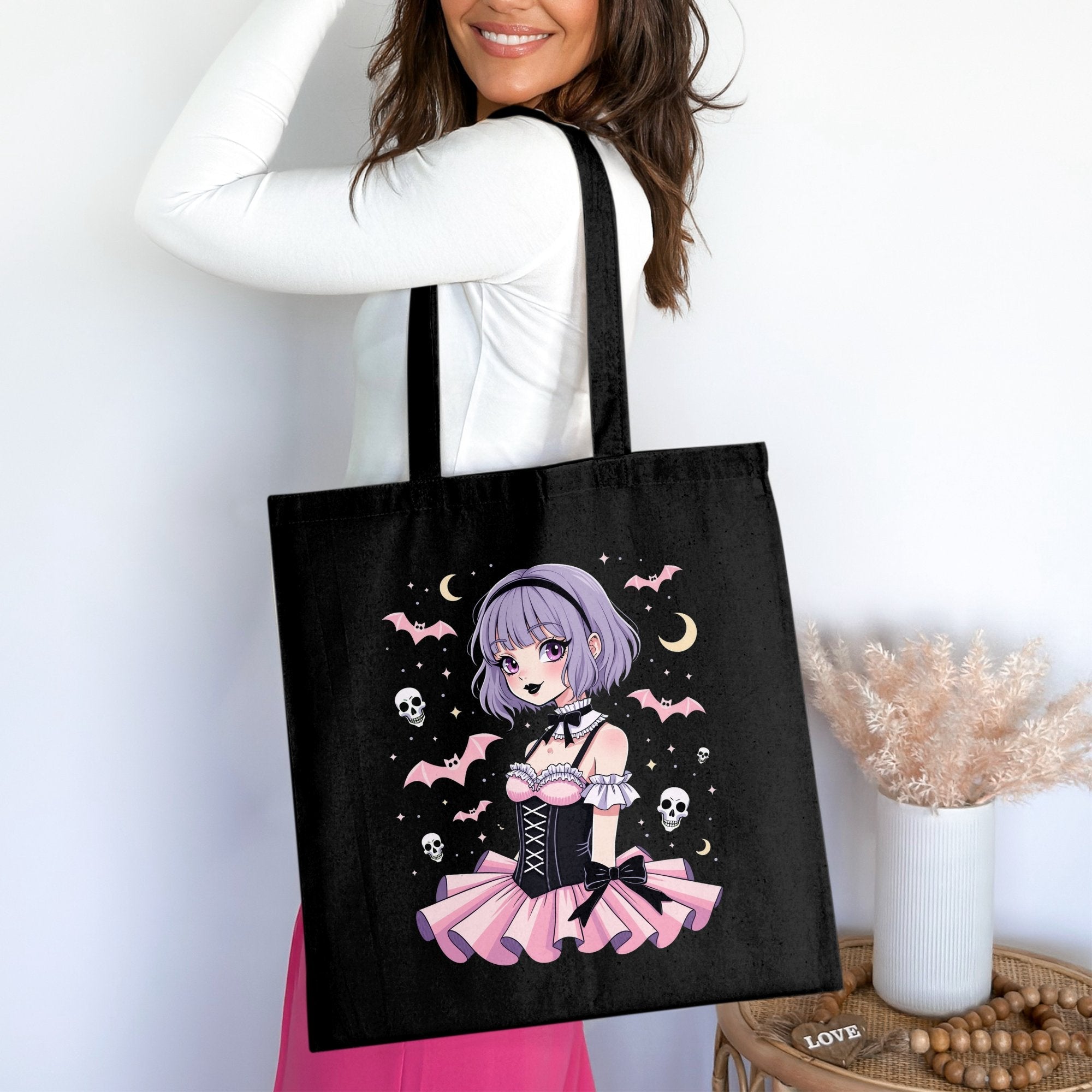 Gothic Lolita Anime Tote Bag, Kawaii Pastel Goth Tote, Cute Spooky Skull Bats Tote, Harajuku Fashion Bag, Gifts for Anime Lovers - Craig Michael Design