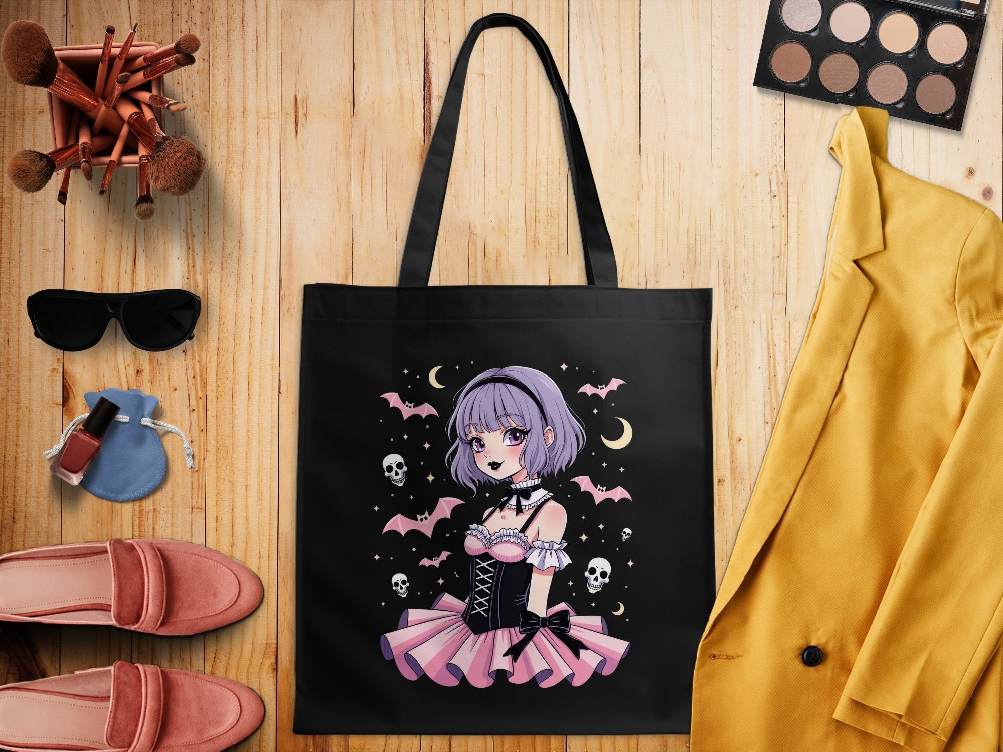 Gothic Lolita Anime Tote Bag, Kawaii Pastel Goth Tote, Cute Spooky Skull Bats Tote, Harajuku Fashion Bag, Gifts for Anime Lovers - Craig Michael Design