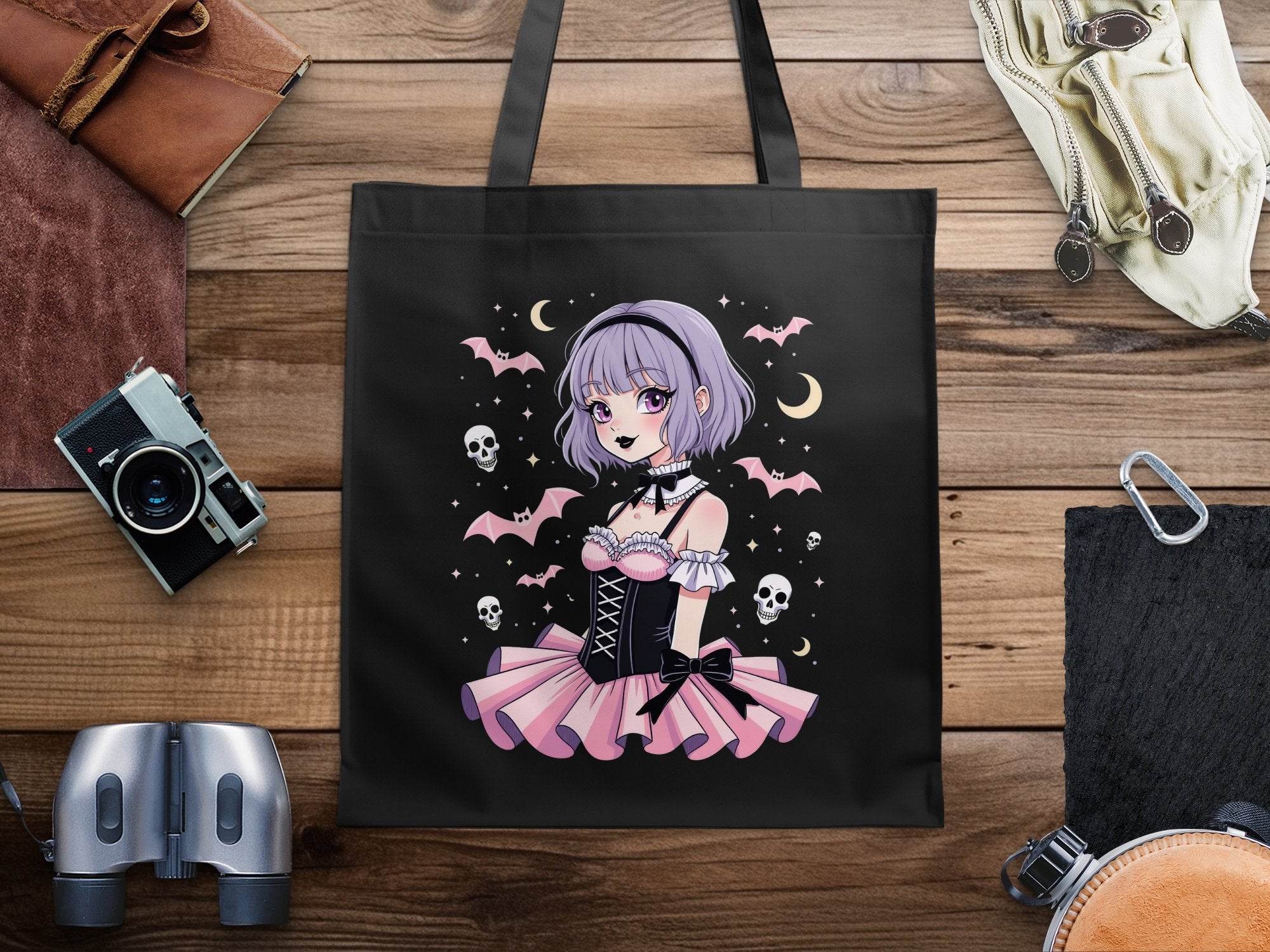 Gothic Lolita Anime Tote Bag, Kawaii Pastel Goth Tote, Cute Spooky Skull Bats Tote, Harajuku Fashion Bag, Gifts for Anime Lovers - Craig Michael Design