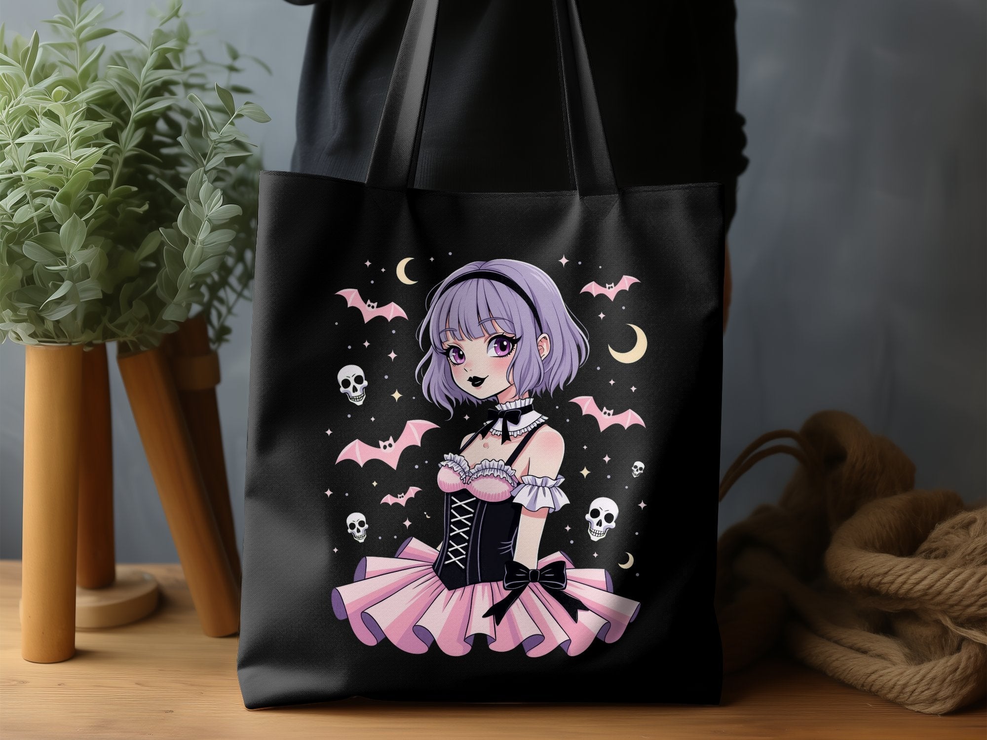 Gothic Lolita Anime Tote Bag, Kawaii Pastel Goth Tote, Cute Spooky Skull Bats Tote, Harajuku Fashion Bag, Gifts for Anime Lovers - Craig Michael Design