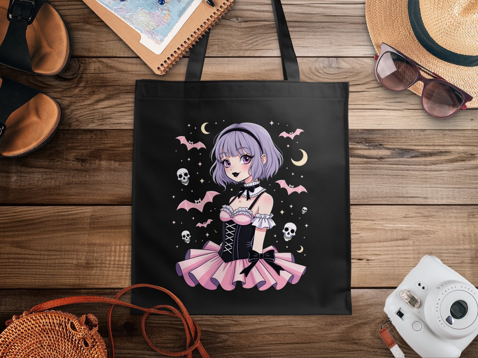 Gothic Lolita Anime Tote Bag, Kawaii Pastel Goth Tote, Cute Spooky Skull Bats Tote, Harajuku Fashion Bag, Gifts for Anime Lovers - Craig Michael Design