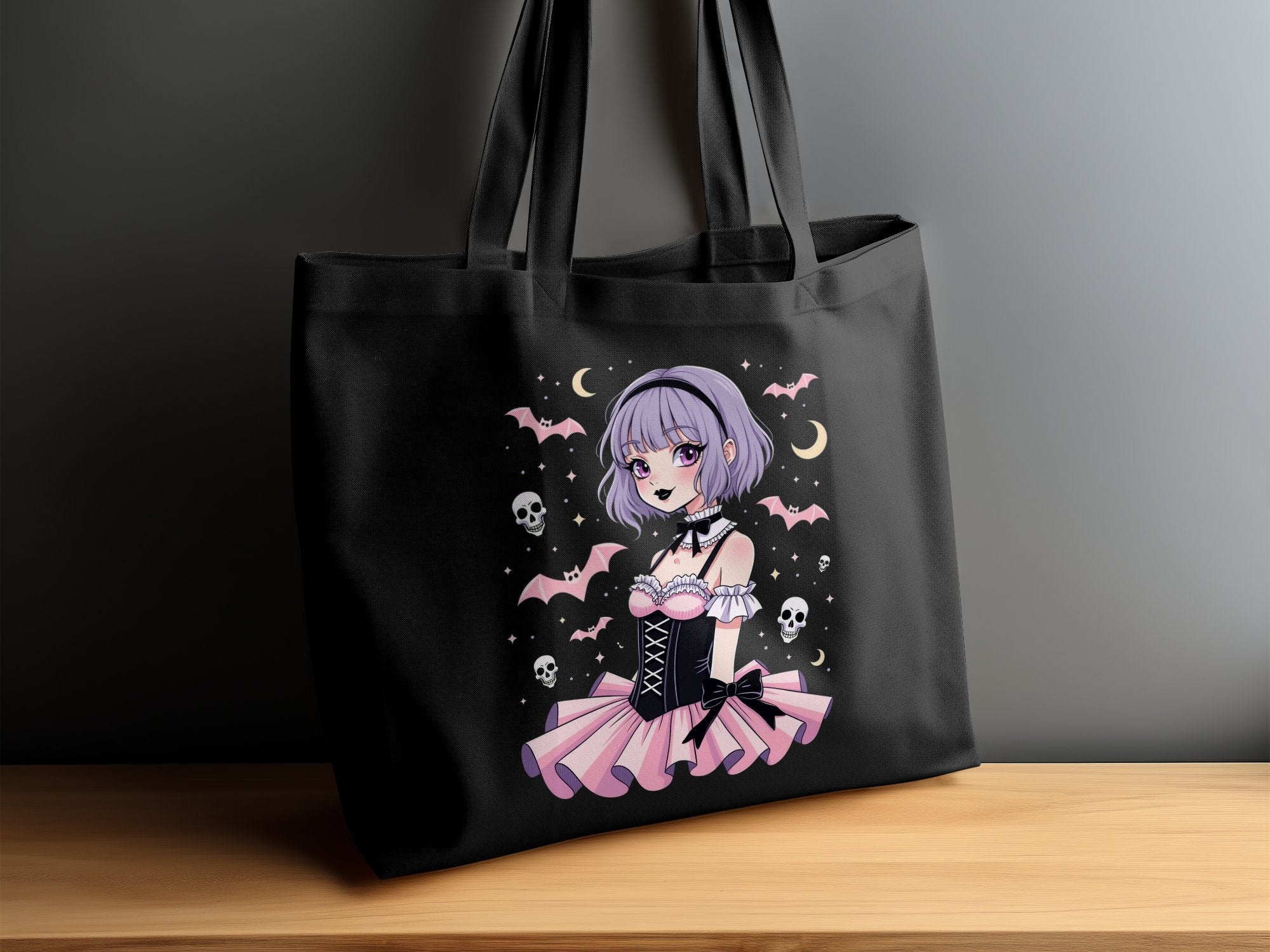 Gothic Lolita Anime Tote Bag, Kawaii Pastel Goth Tote, Cute Spooky Skull Bats Tote, Harajuku Fashion Bag, Gifts for Anime Lovers - Craig Michael Design