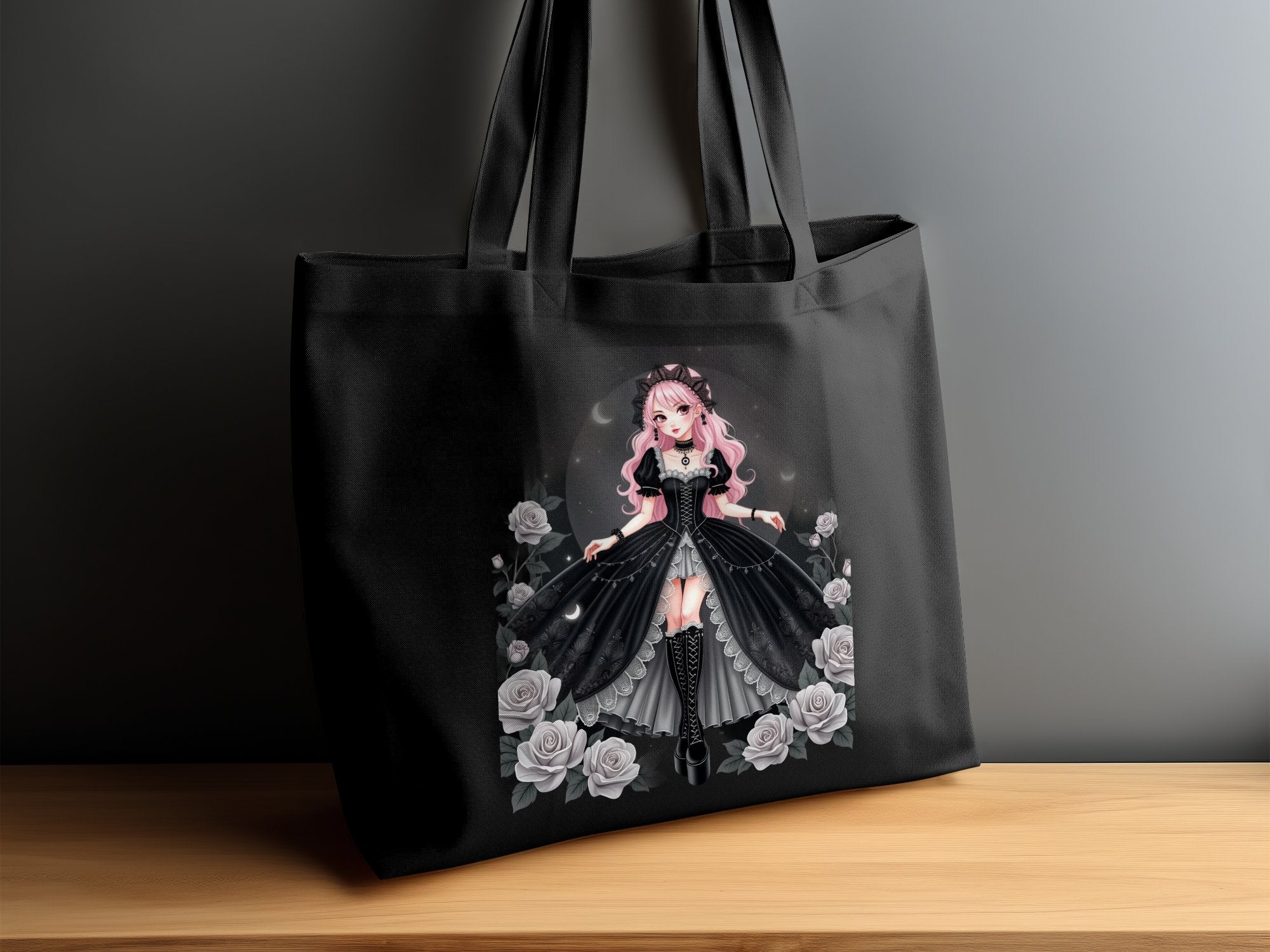 Gothic Lolita Anime Tote Bag, Pink Haired Girl Art, Elegant Rose Design, Harajuku Fashion Accessories, Unique Gift Idea - Craig Michael Design