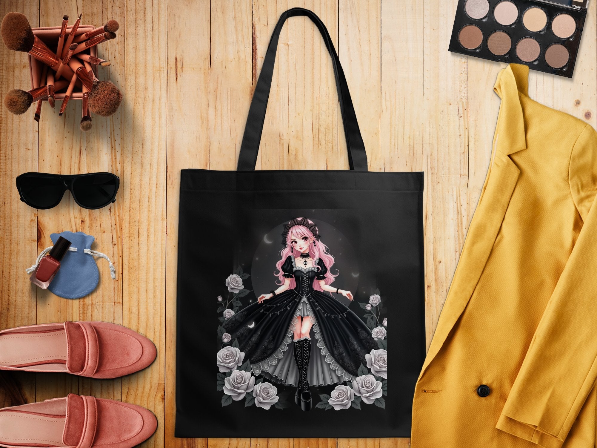 Gothic Lolita Anime Tote Bag, Pink Haired Girl Art, Elegant Rose Design, Harajuku Fashion Accessories, Unique Gift Idea - Craig Michael Design