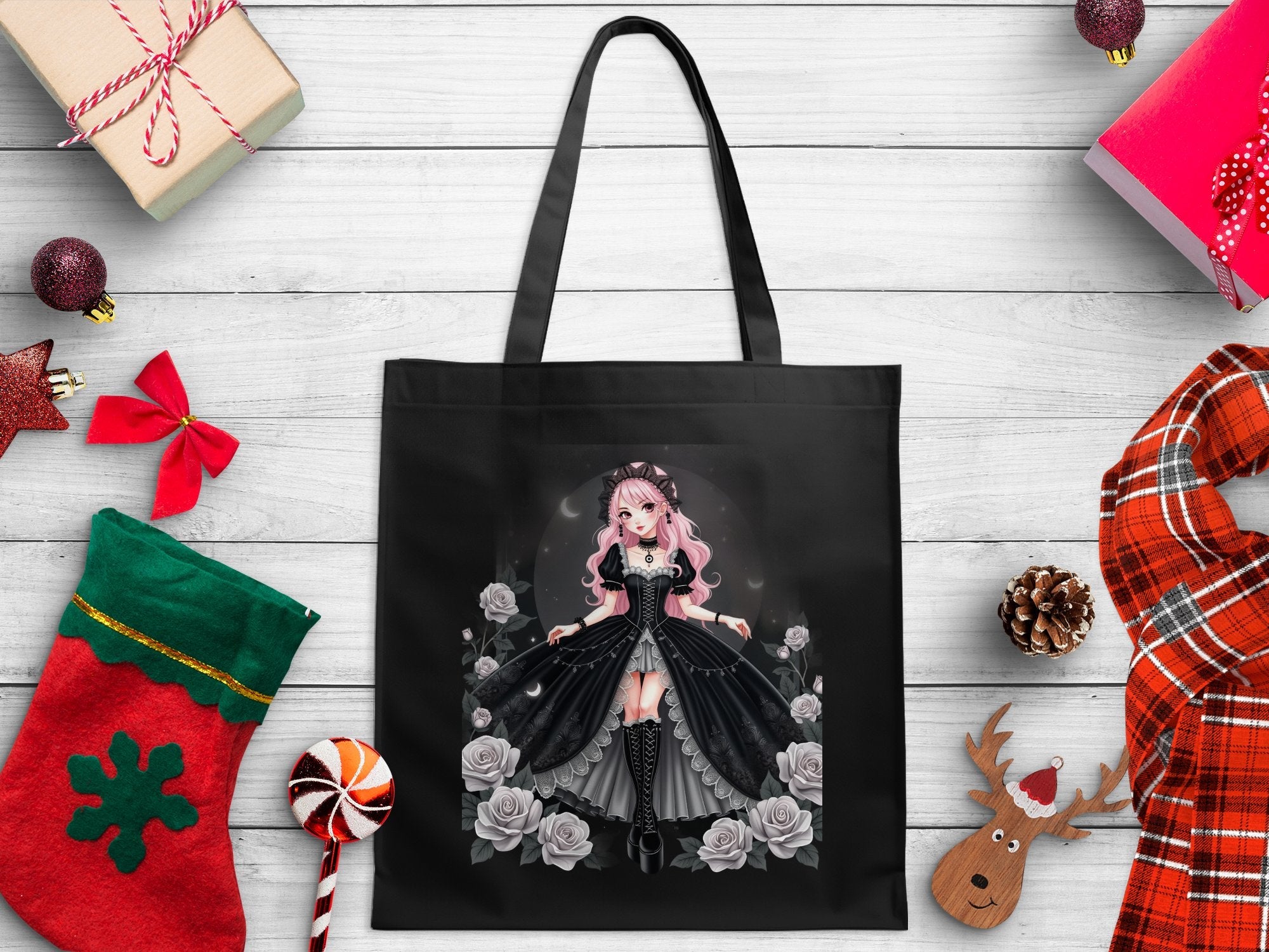 Gothic Lolita Anime Tote Bag, Pink Haired Girl Art, Elegant Rose Design, Harajuku Fashion Accessories, Unique Gift Idea - Craig Michael Design