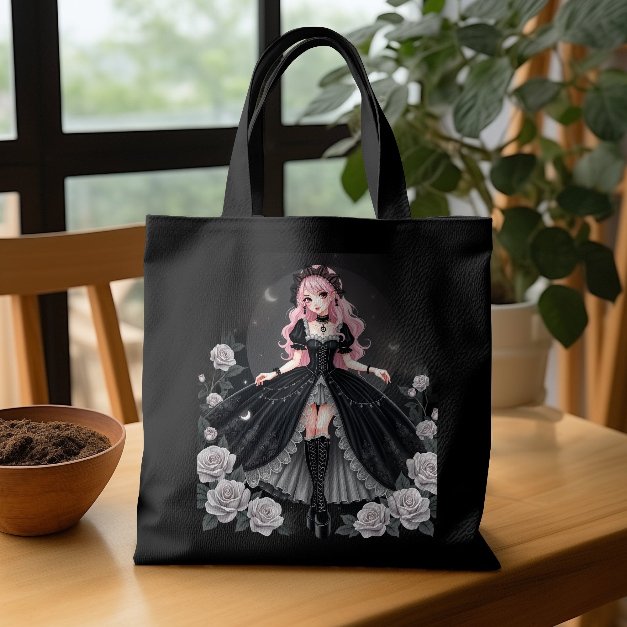 Gothic Lolita Anime Tote Bag, Pink Haired Girl Art, Elegant Rose Design, Harajuku Fashion Accessories, Unique Gift Idea - Craig Michael Design