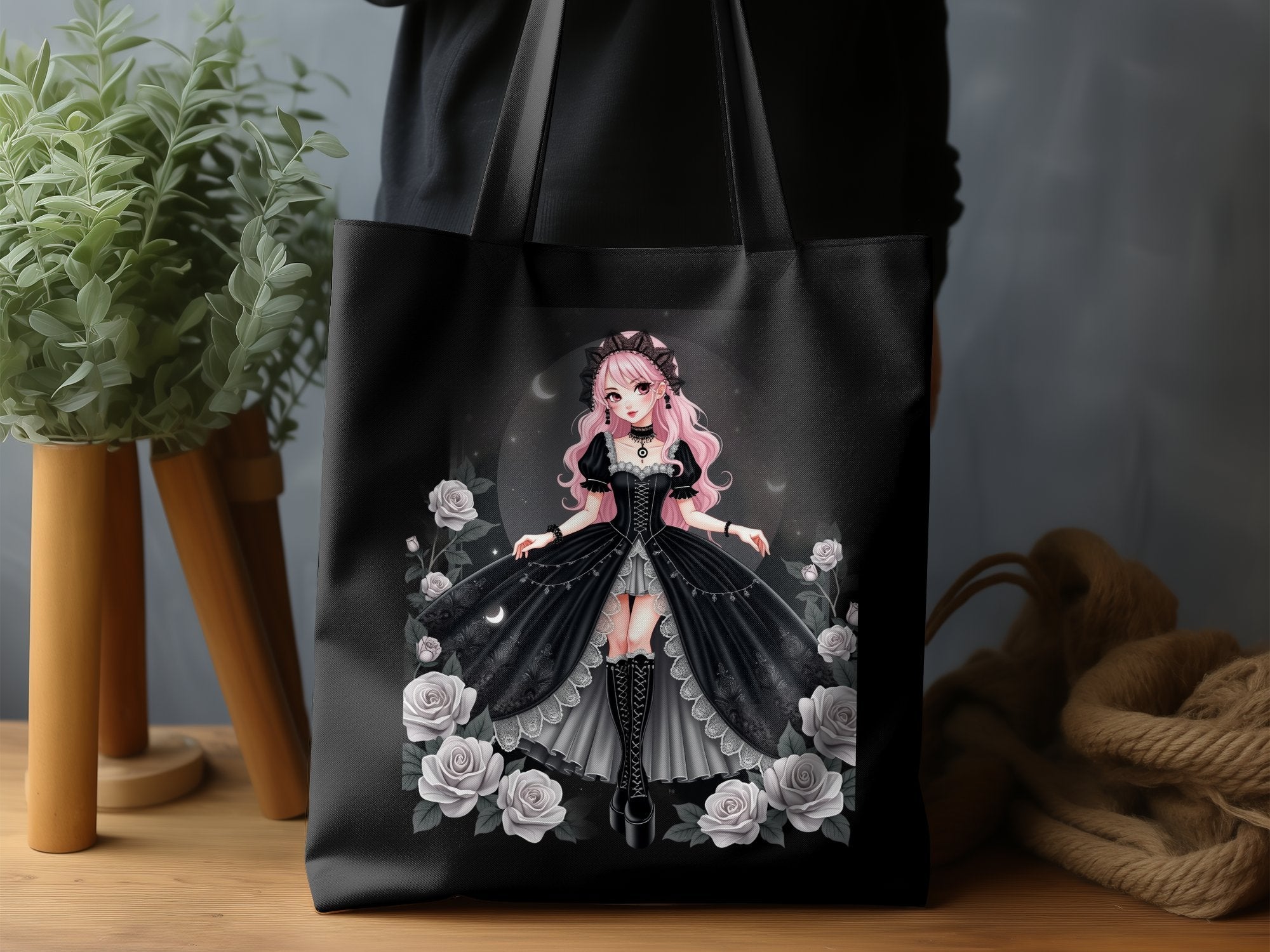 Gothic Lolita Anime Tote Bag, Pink Haired Girl Art, Elegant Rose Design, Harajuku Fashion Accessories, Unique Gift Idea - Craig Michael Design