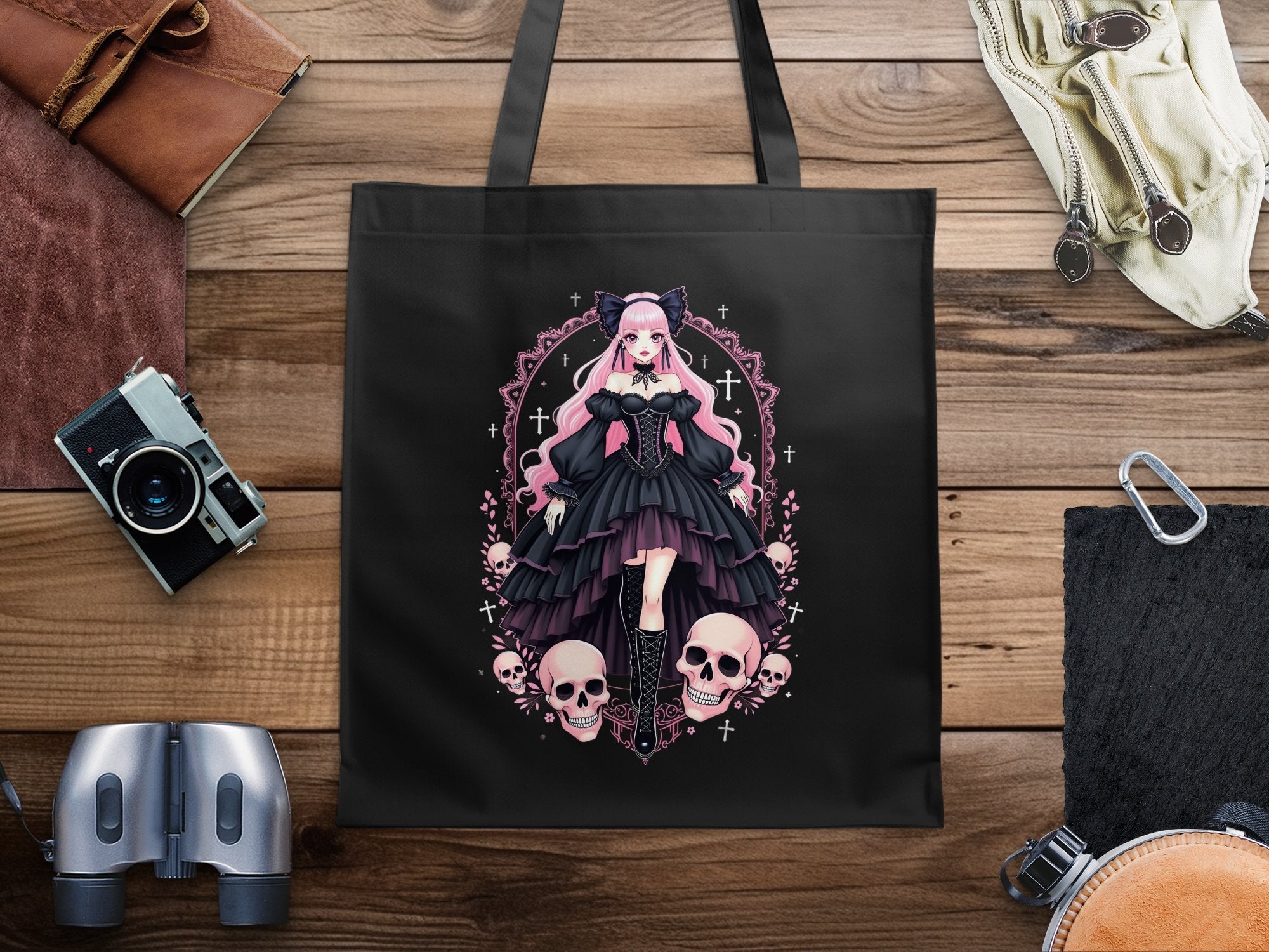 Gothic Lolita Anime Tote Bag, Pink Haired Gothic Girl with Skull Design, Harajuku Gothic Art Tote, Anime Goth Aesthetic Bag - Craig Michael Design