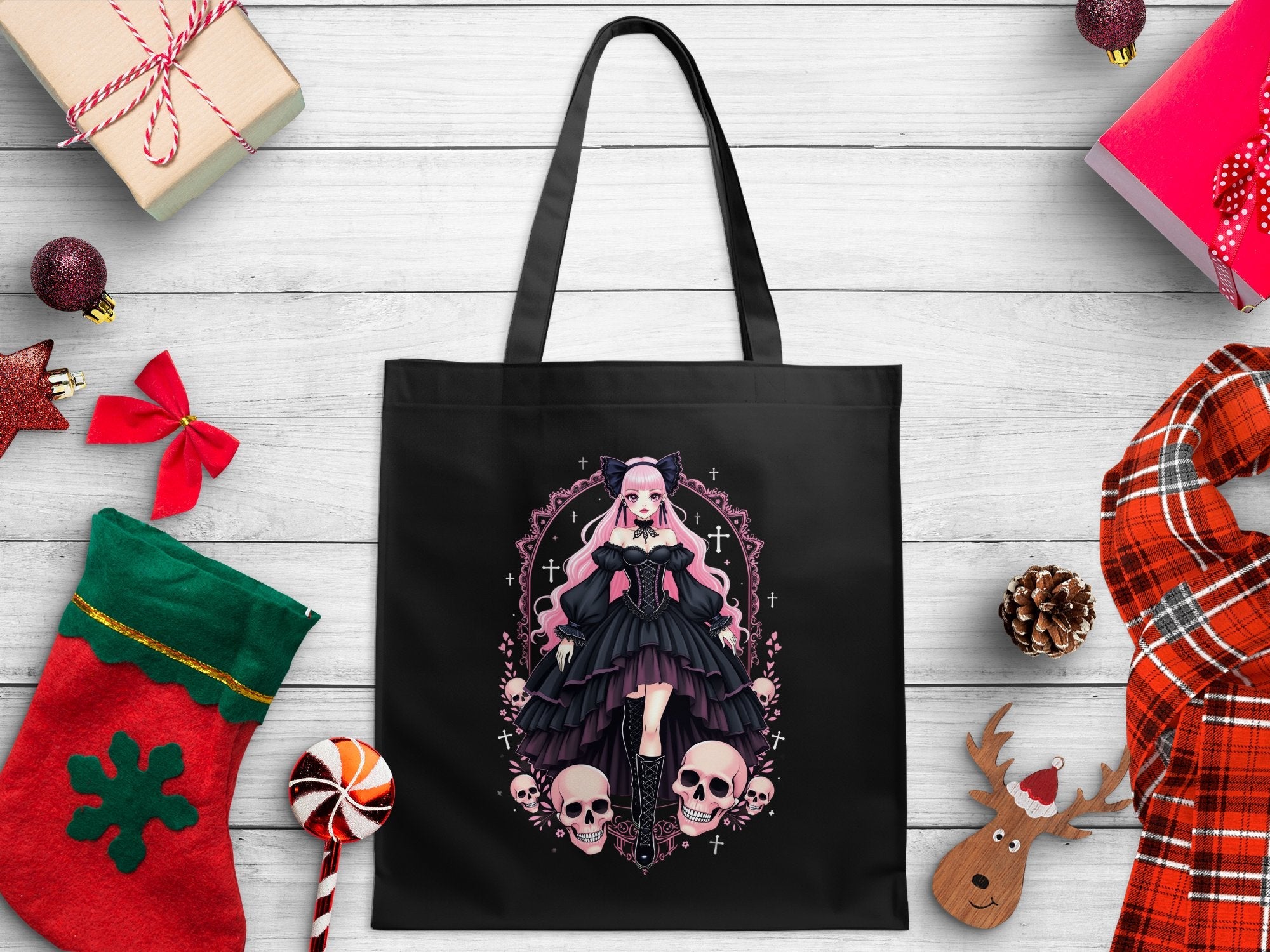 Gothic Lolita Anime Tote Bag, Pink Haired Gothic Girl with Skull Design, Harajuku Gothic Art Tote, Anime Goth Aesthetic Bag - Craig Michael Design