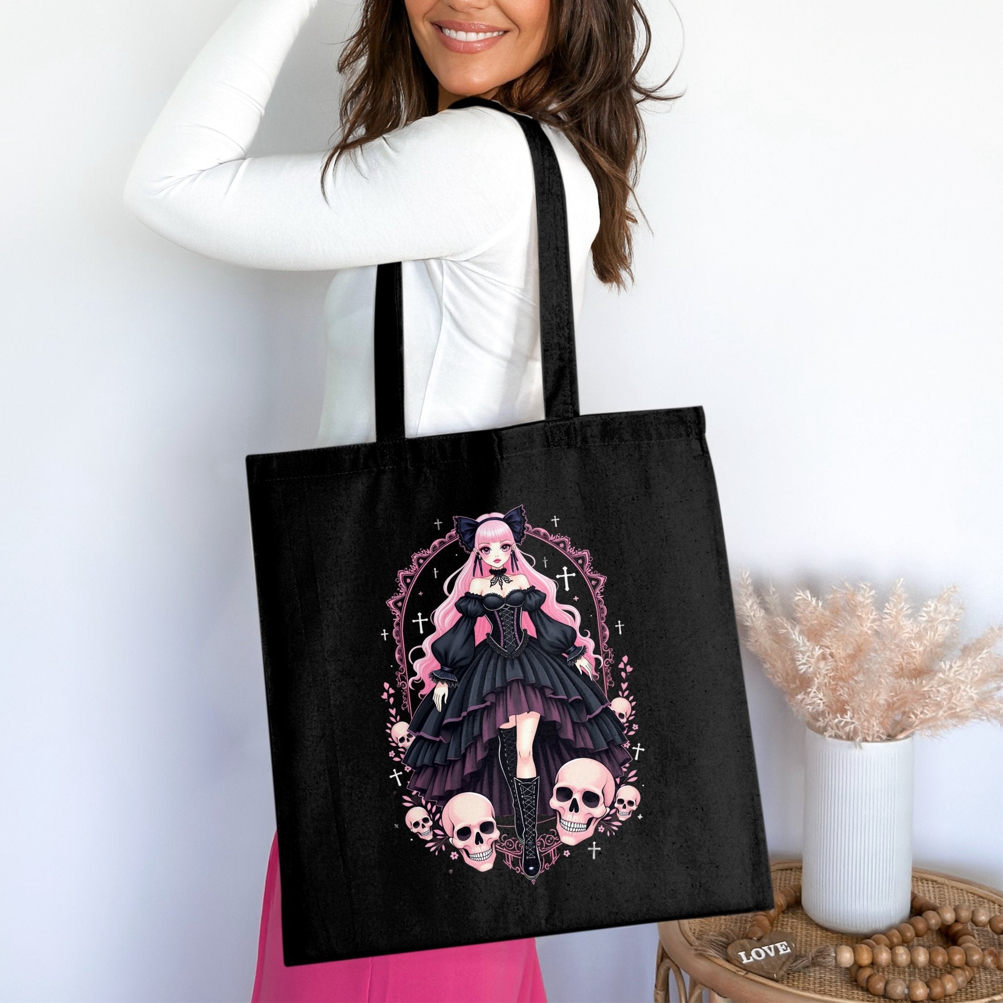 Gothic Lolita Anime Tote Bag, Pink Haired Gothic Girl with Skull Design, Harajuku Gothic Art Tote, Anime Goth Aesthetic Bag - Craig Michael Design