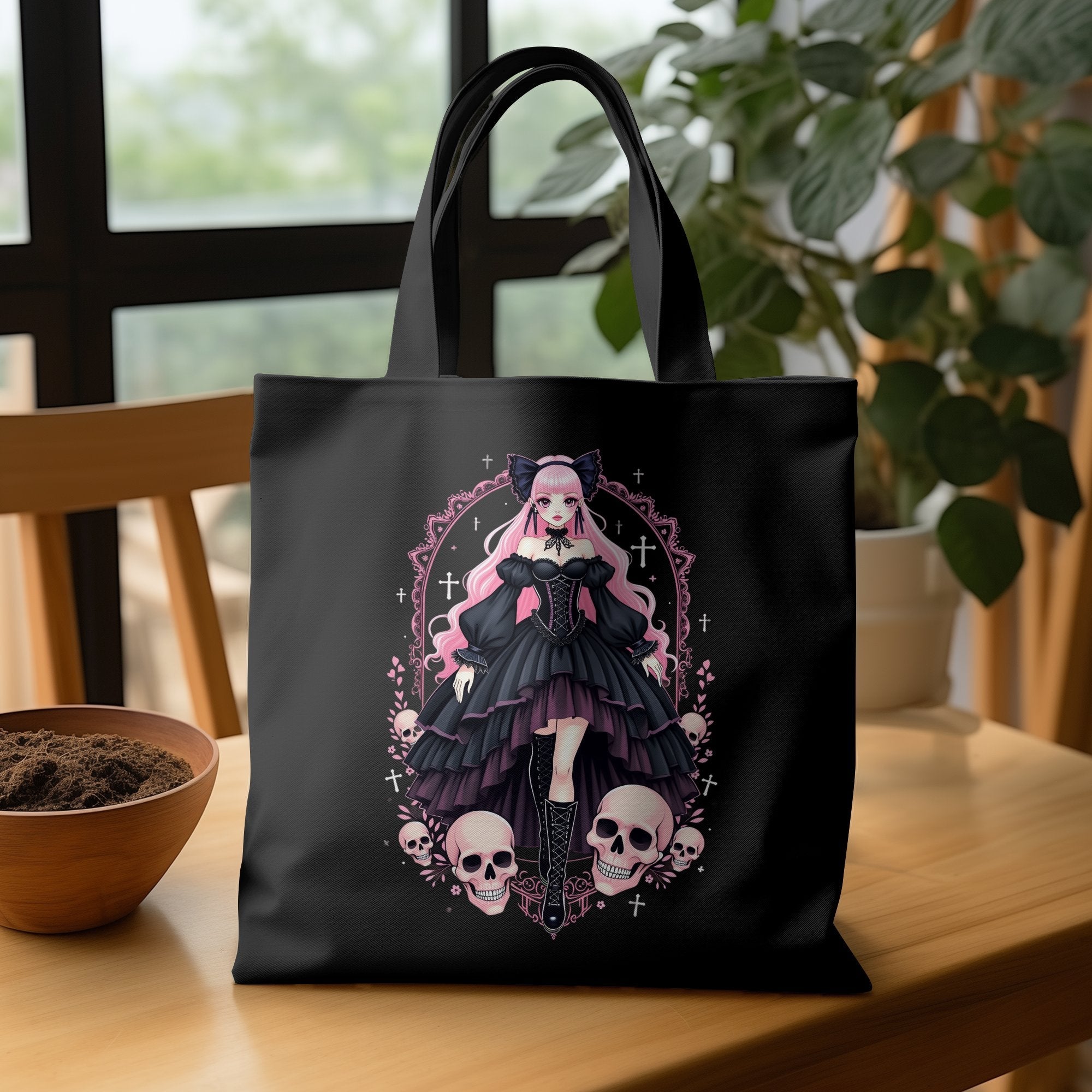 Gothic Lolita Anime Tote Bag, Pink Haired Gothic Girl with Skull Design, Harajuku Gothic Art Tote, Anime Goth Aesthetic Bag - Craig Michael Design