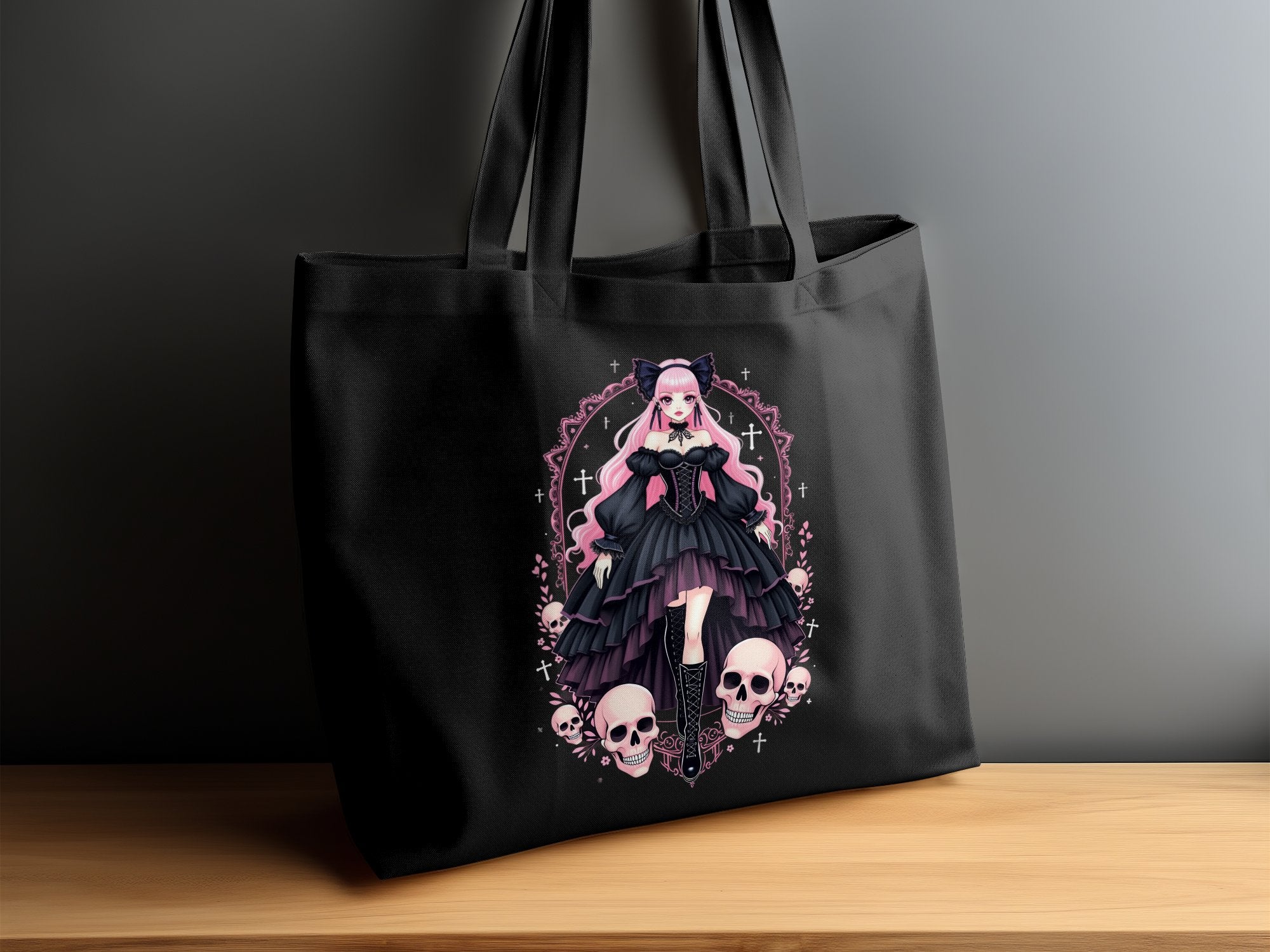 Gothic Lolita Anime Tote Bag, Pink Haired Gothic Girl with Skull Design, Harajuku Gothic Art Tote, Anime Goth Aesthetic Bag - Craig Michael Design