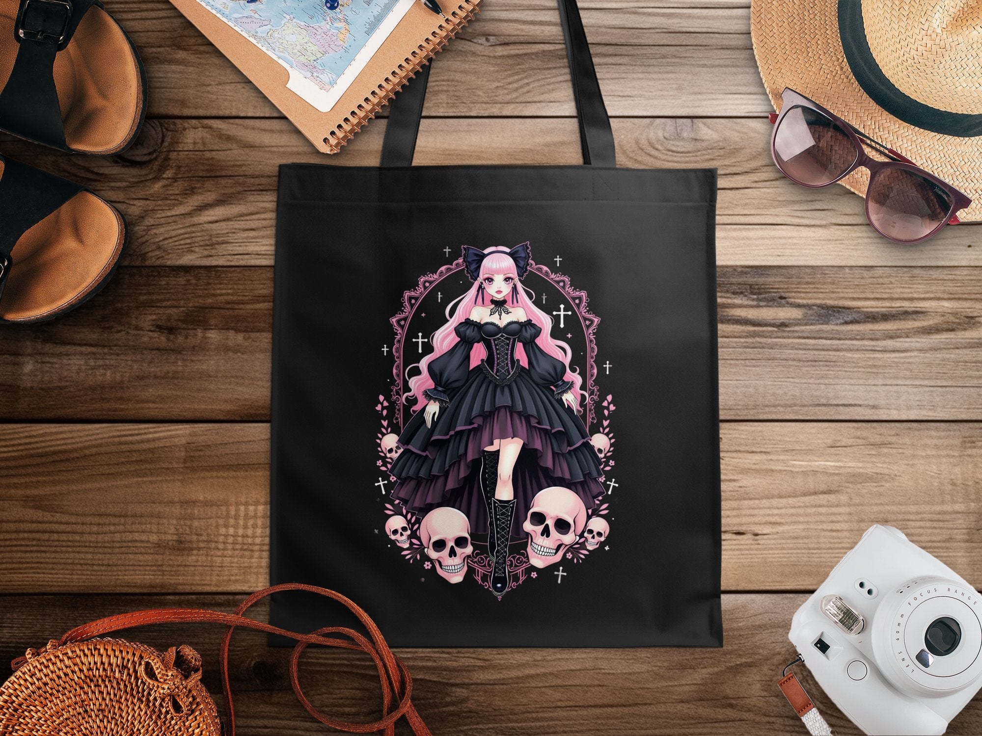 Gothic Lolita Anime Tote Bag, Pink Haired Gothic Girl with Skull Design, Harajuku Gothic Art Tote, Anime Goth Aesthetic Bag - Craig Michael Design