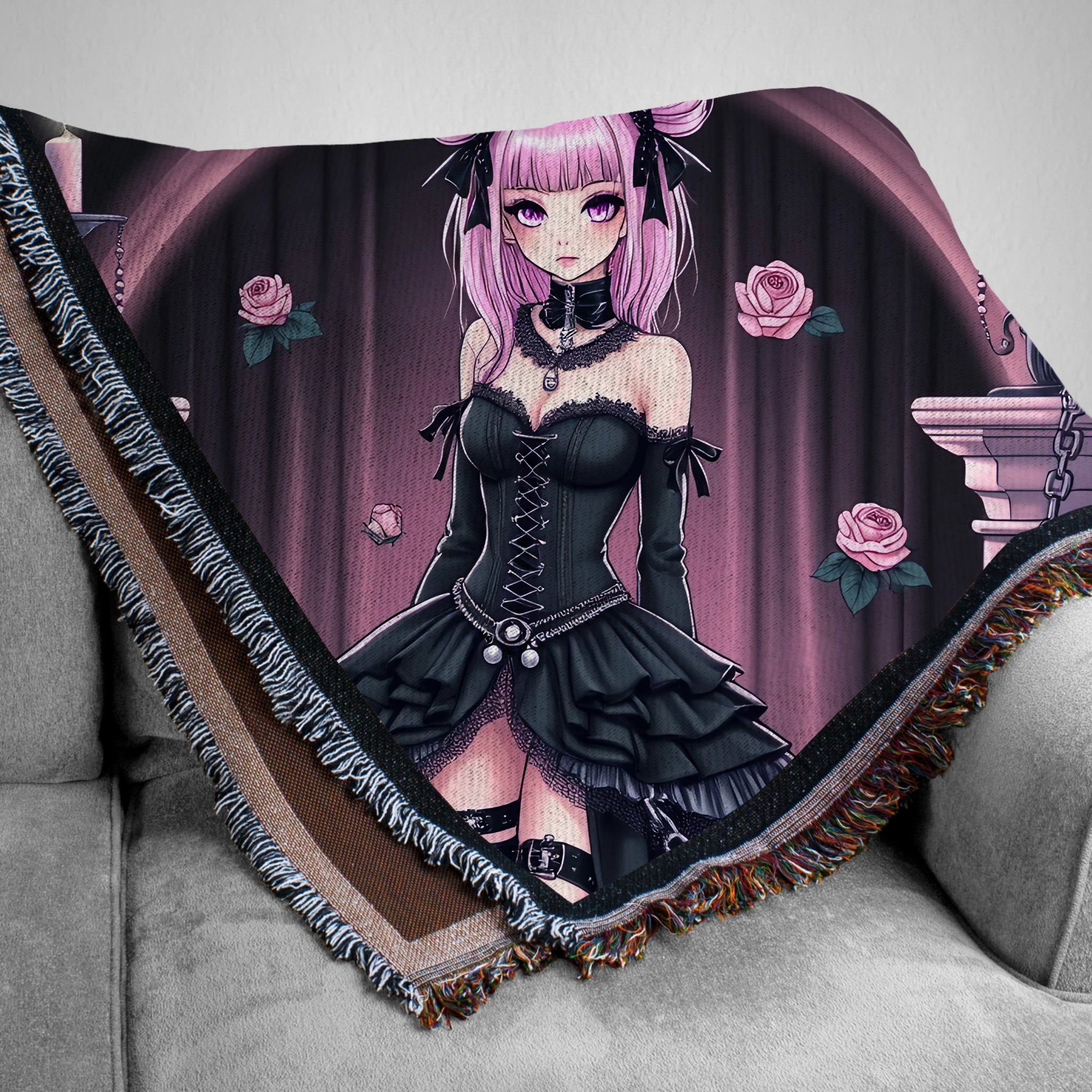 Gothic Lolita Blanket, Cute Anime Blanket, Black and Pink Blanket, Decorative Blanket, Cozy Throw Blanket, Gift for Anime Lovers - Craig Michael Design