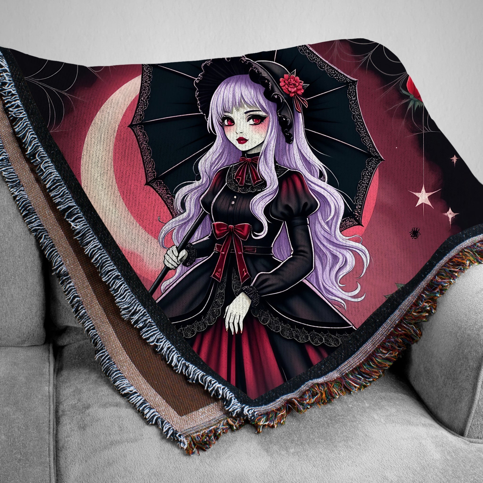 Gothic Lolita Blanket, Cute Anime Girl Blanket, Mint Green Hair, Elegant Victorian Gothic Blanket for Cozy Home Decor - Craig Michael Design