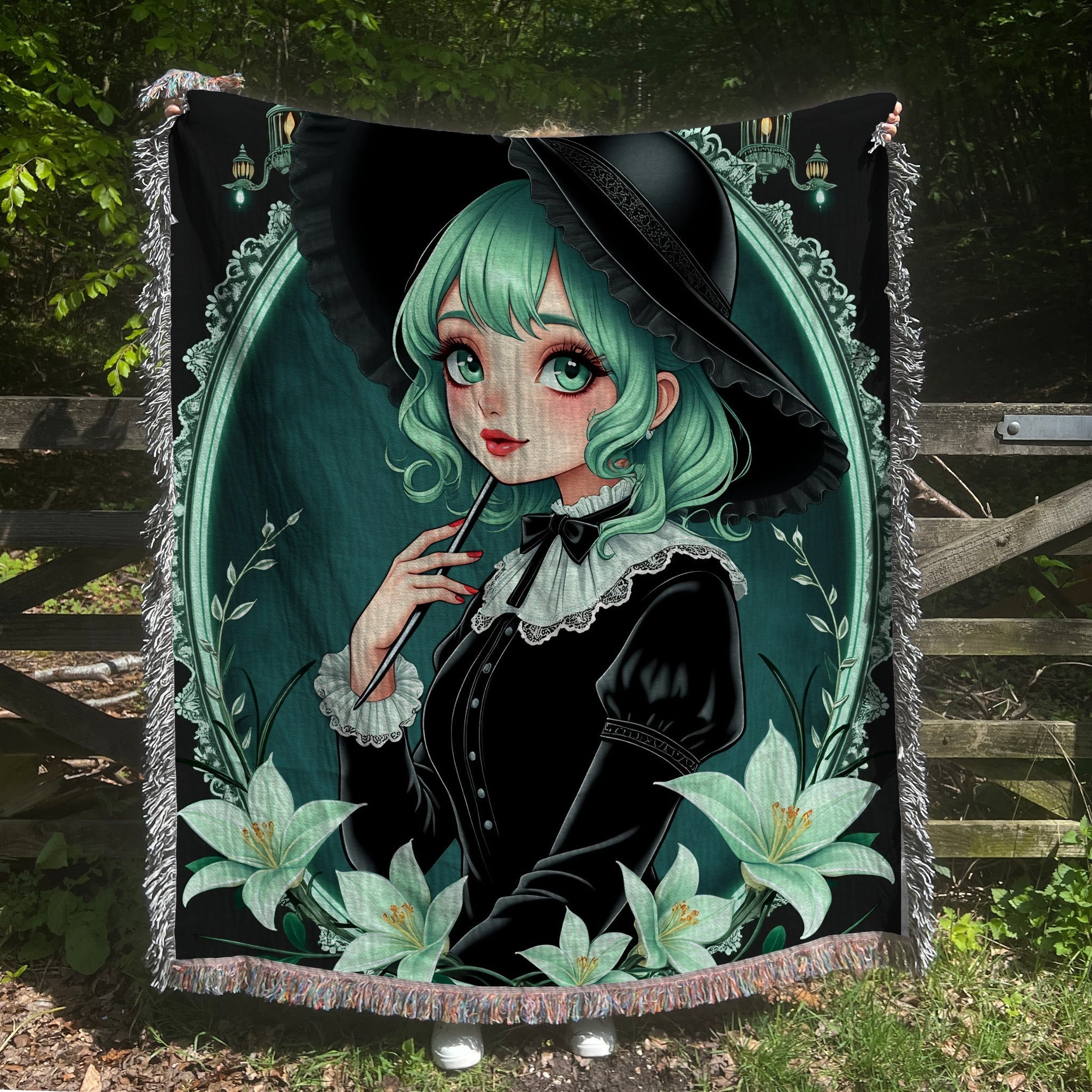 Gothic Lolita Blanket, Cute Anime Girl Blanket, Mint Green Hair, Elegant Victorian Gothic Blanket for Cozy Home Decor - Craig Michael Design