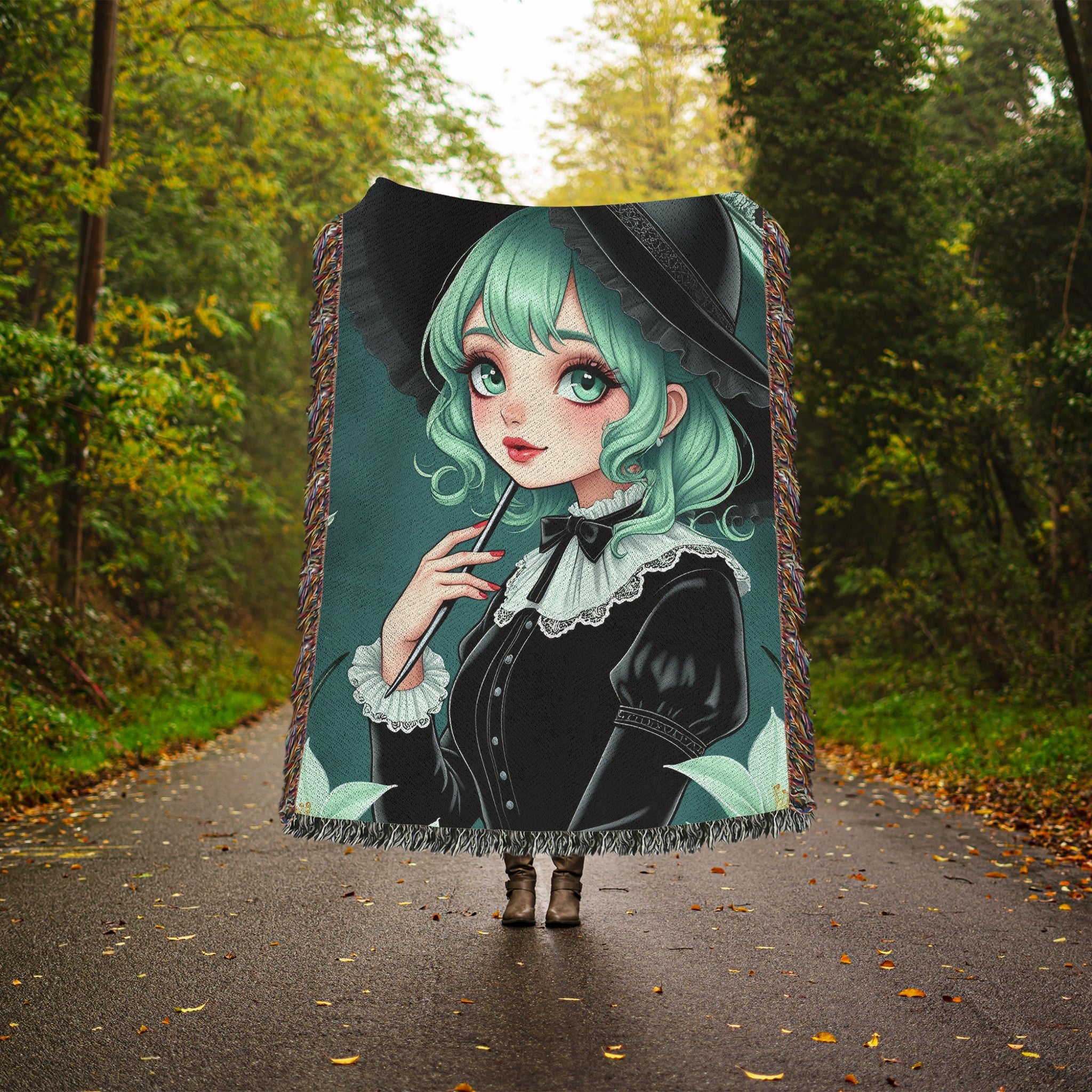 Gothic Lolita Blanket, Cute Anime Girl Blanket, Mint Green Hair, Elegant Victorian Gothic Blanket for Cozy Home Decor - Craig Michael Design