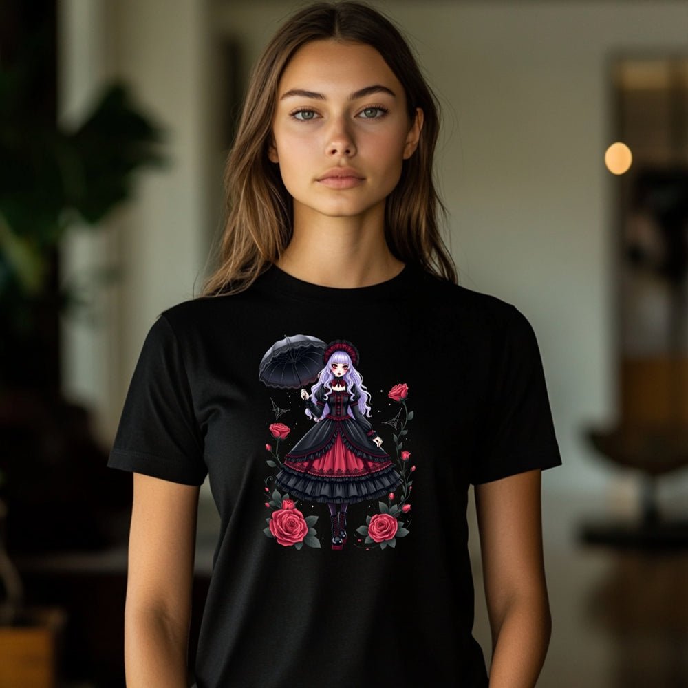 Gothic Lolita Harajuku T-Shirt, Anime Girl with Roses, Dark Fashion Tee, Cute Japanese Alternative Style, Moon and Roses Print Top - Craig Michael Design