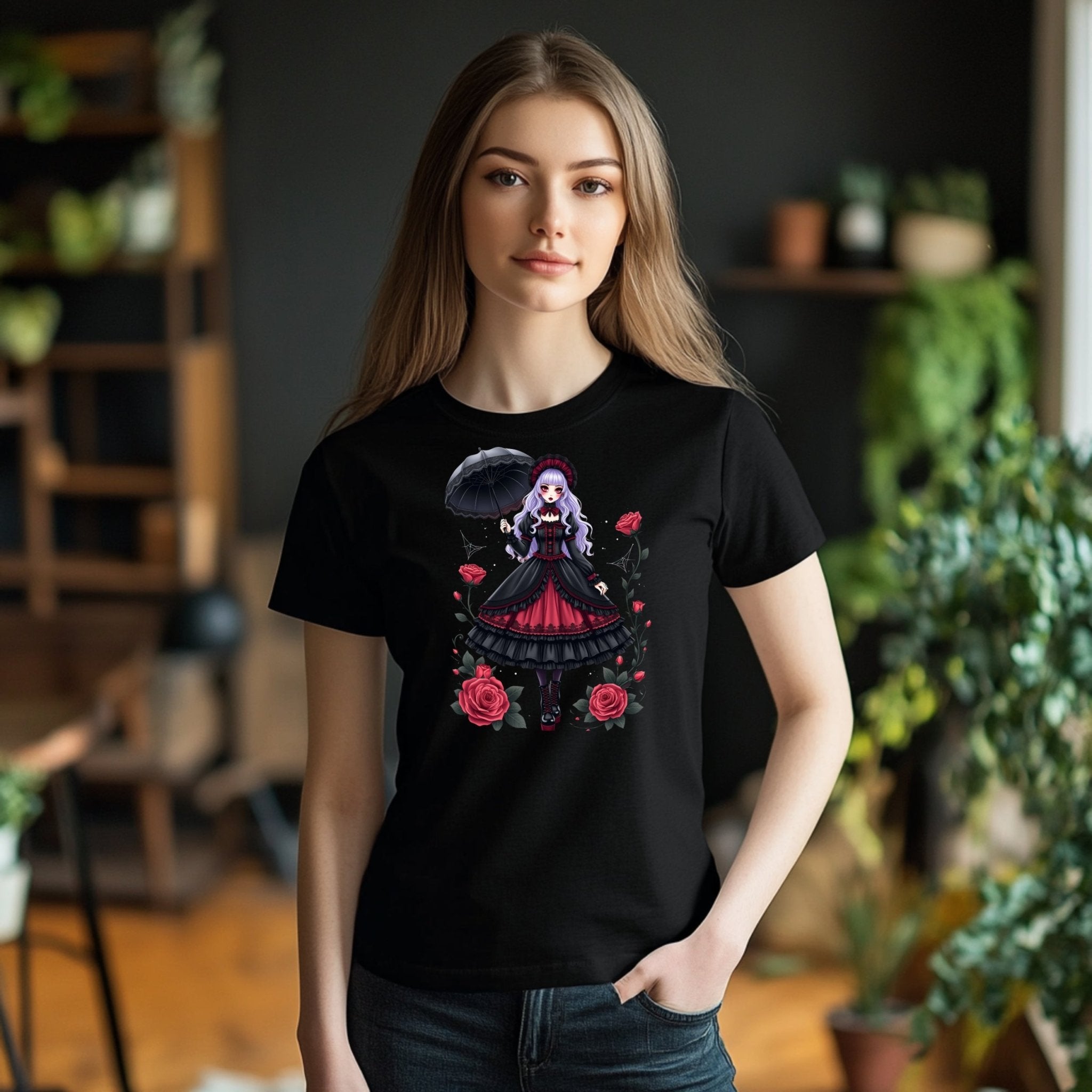 Gothic Lolita Harajuku T-Shirt, Anime Girl with Roses, Dark Fashion Tee, Cute Japanese Alternative Style, Moon and Roses Print Top - Craig Michael Design