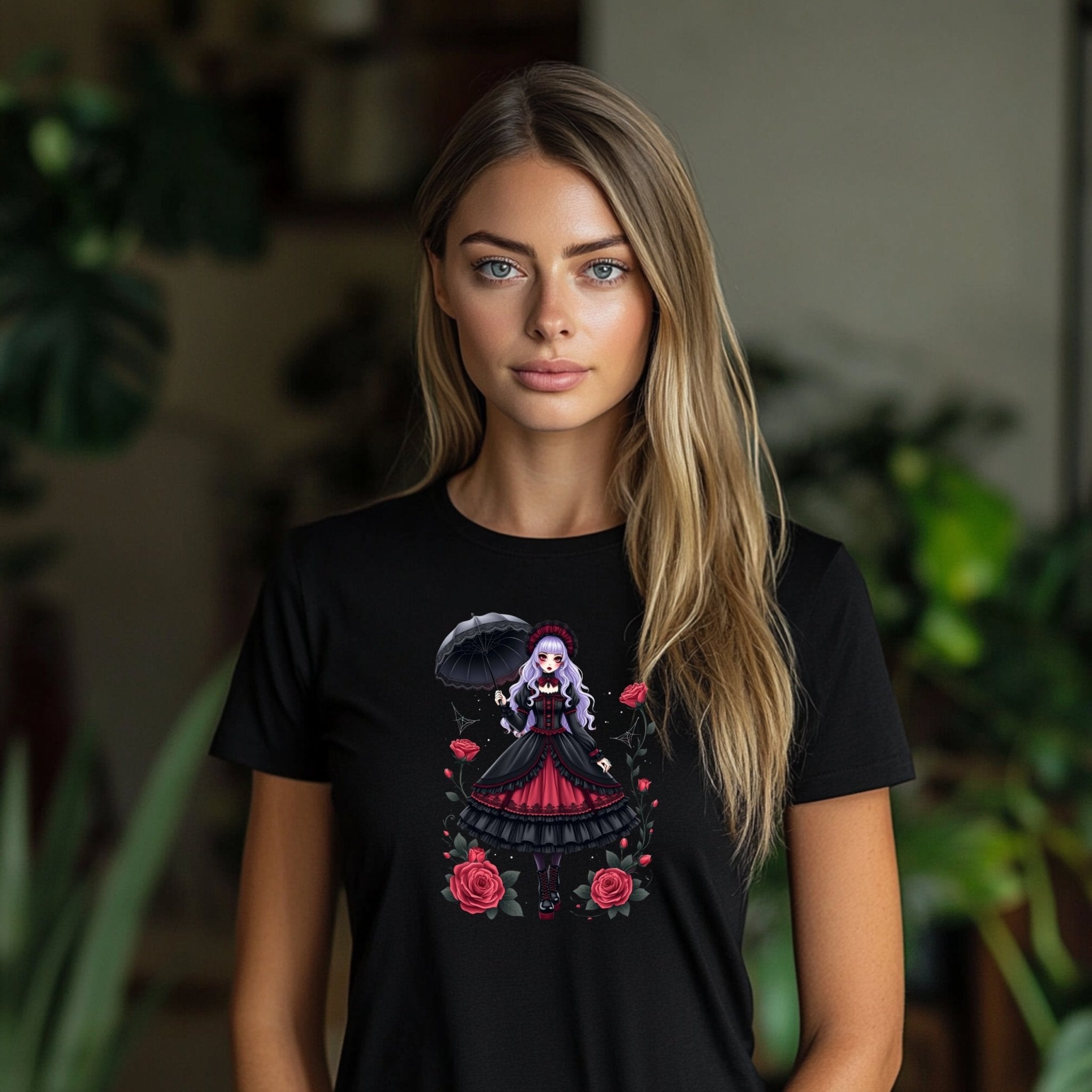 Gothic Lolita Harajuku T-Shirt, Anime Girl with Roses, Dark Fashion Tee, Cute Japanese Alternative Style, Moon and Roses Print Top - Craig Michael Design