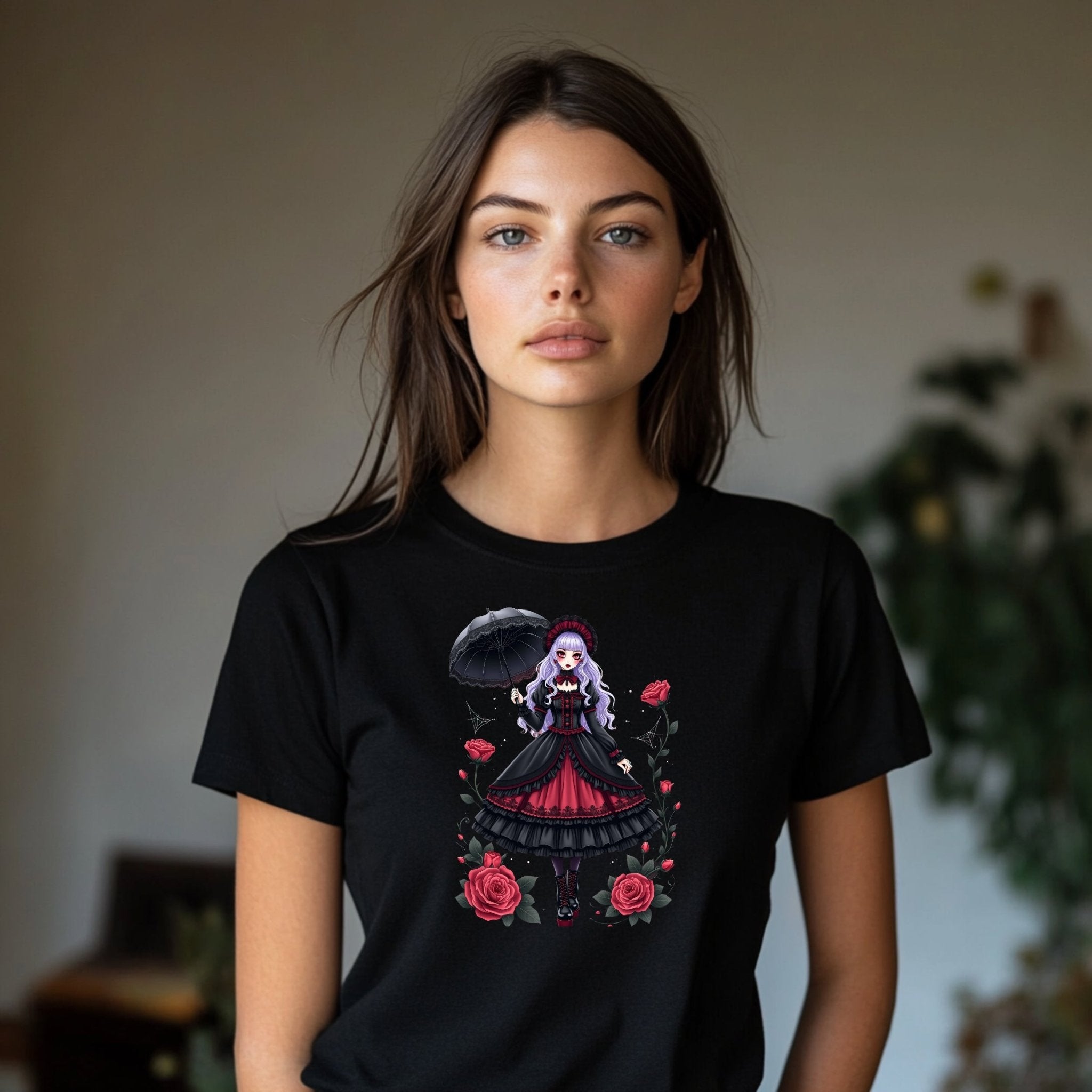 Gothic Lolita Harajuku T-Shirt, Anime Girl with Roses, Dark Fashion Tee, Cute Japanese Alternative Style, Moon and Roses Print Top - Craig Michael Design