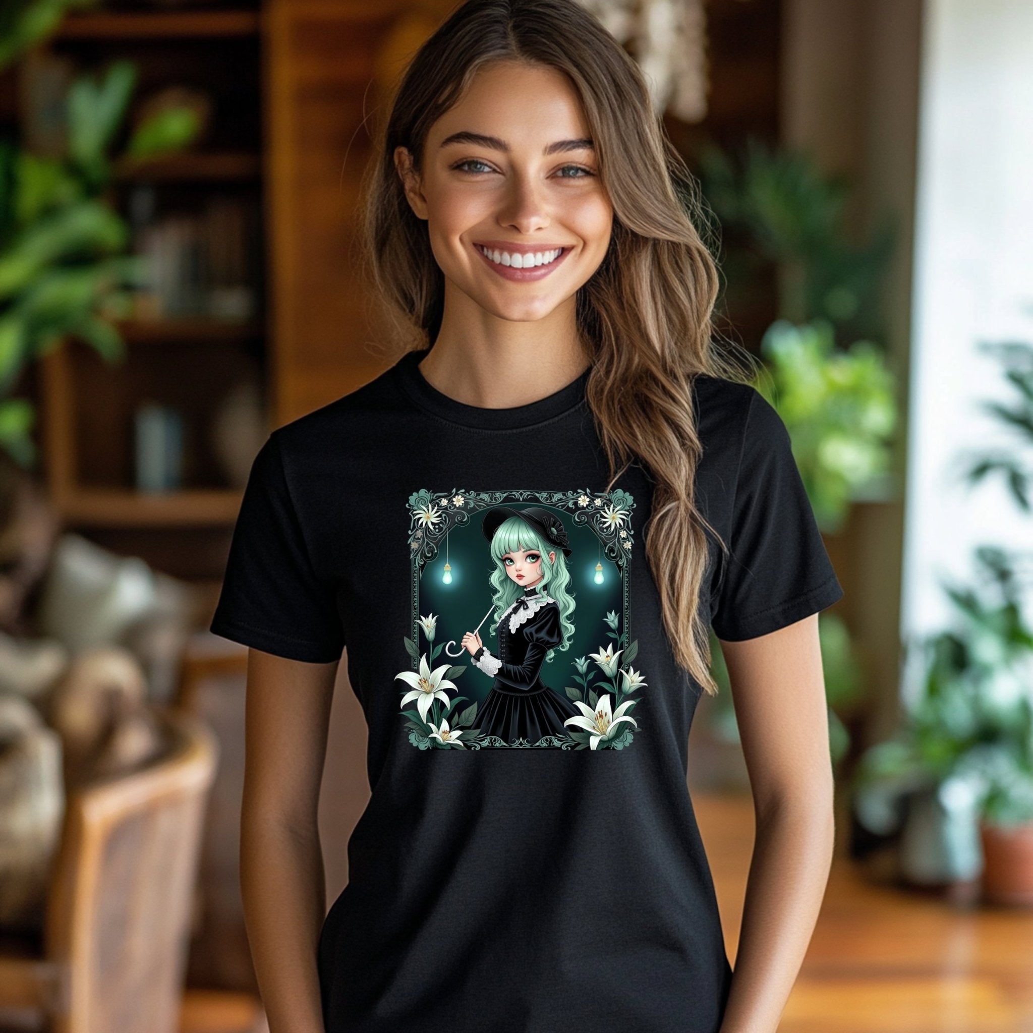 Gothic Lolita Harajuku T-Shirt, Cute Anime Fashion Tee, Unique Kawaii Japanese Style, Green Haired Girl, Decorative Floral Design - Craig Michael Design