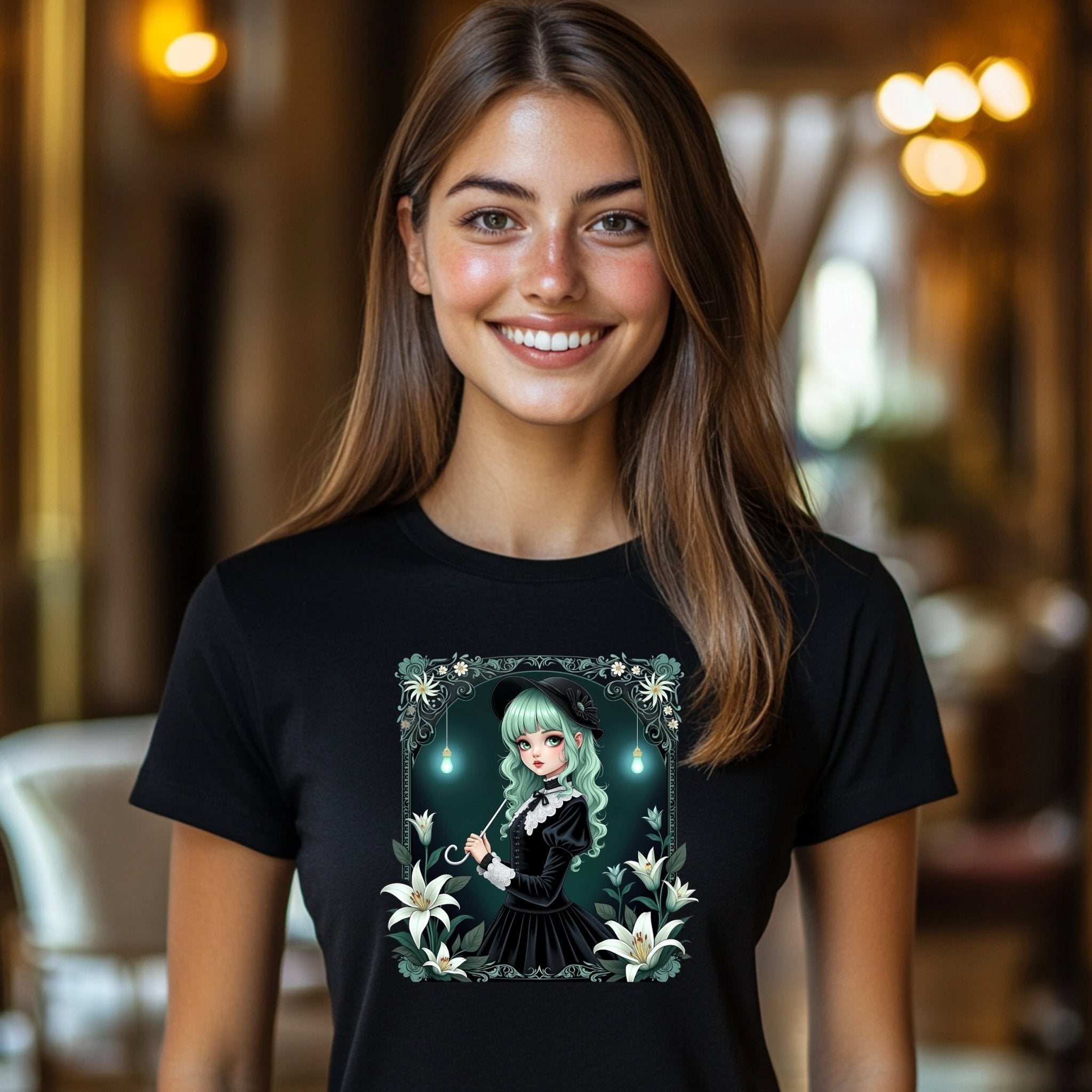 Gothic Lolita Harajuku T-Shirt, Cute Anime Fashion Tee, Unique Kawaii Japanese Style, Green Haired Girl, Decorative Floral Design - Craig Michael Design