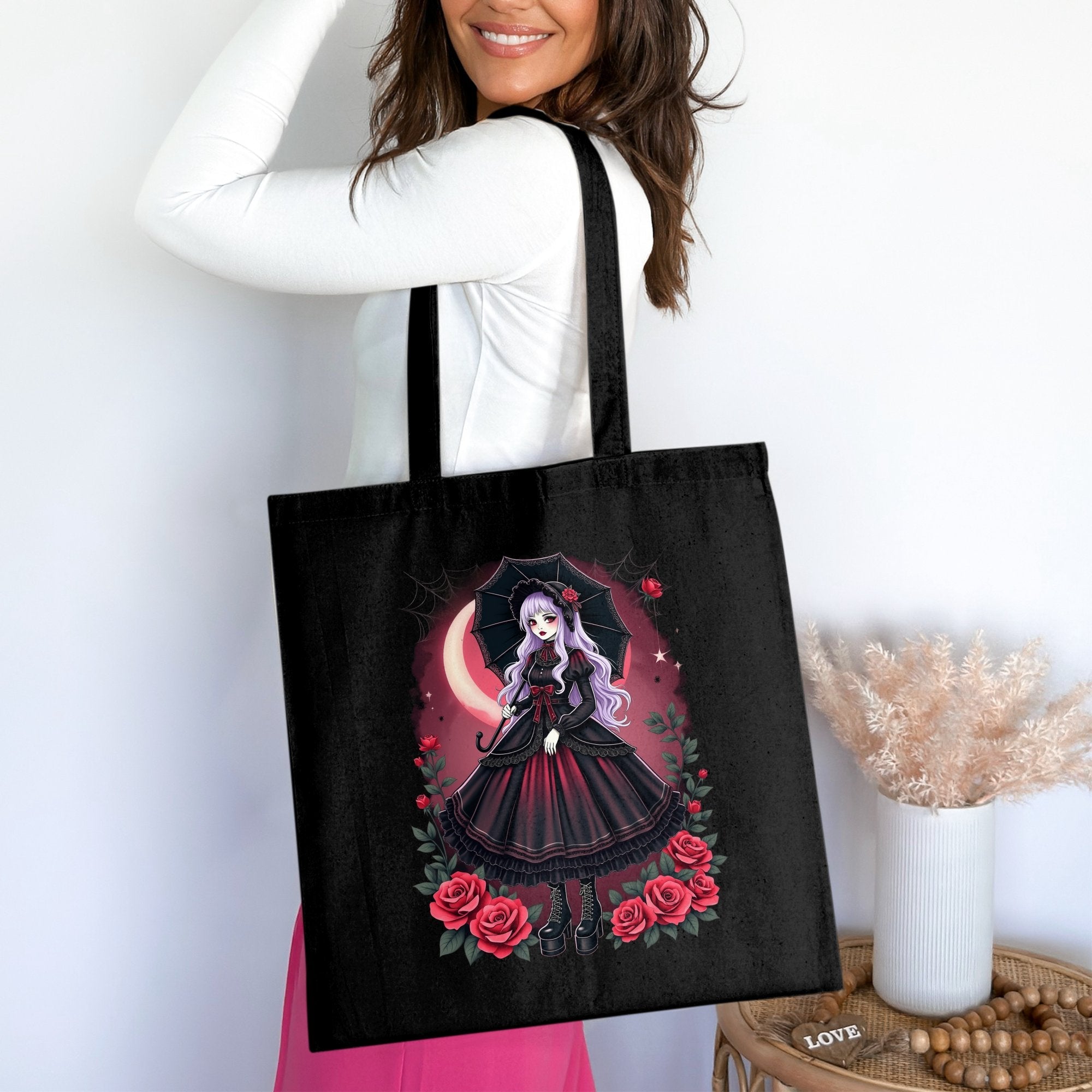 Gothic Lolita Tote Bag Anime Art Red and Black Tote Bag with Roses and Umbrella Unique Fashion Accessories - Craig Michael Design