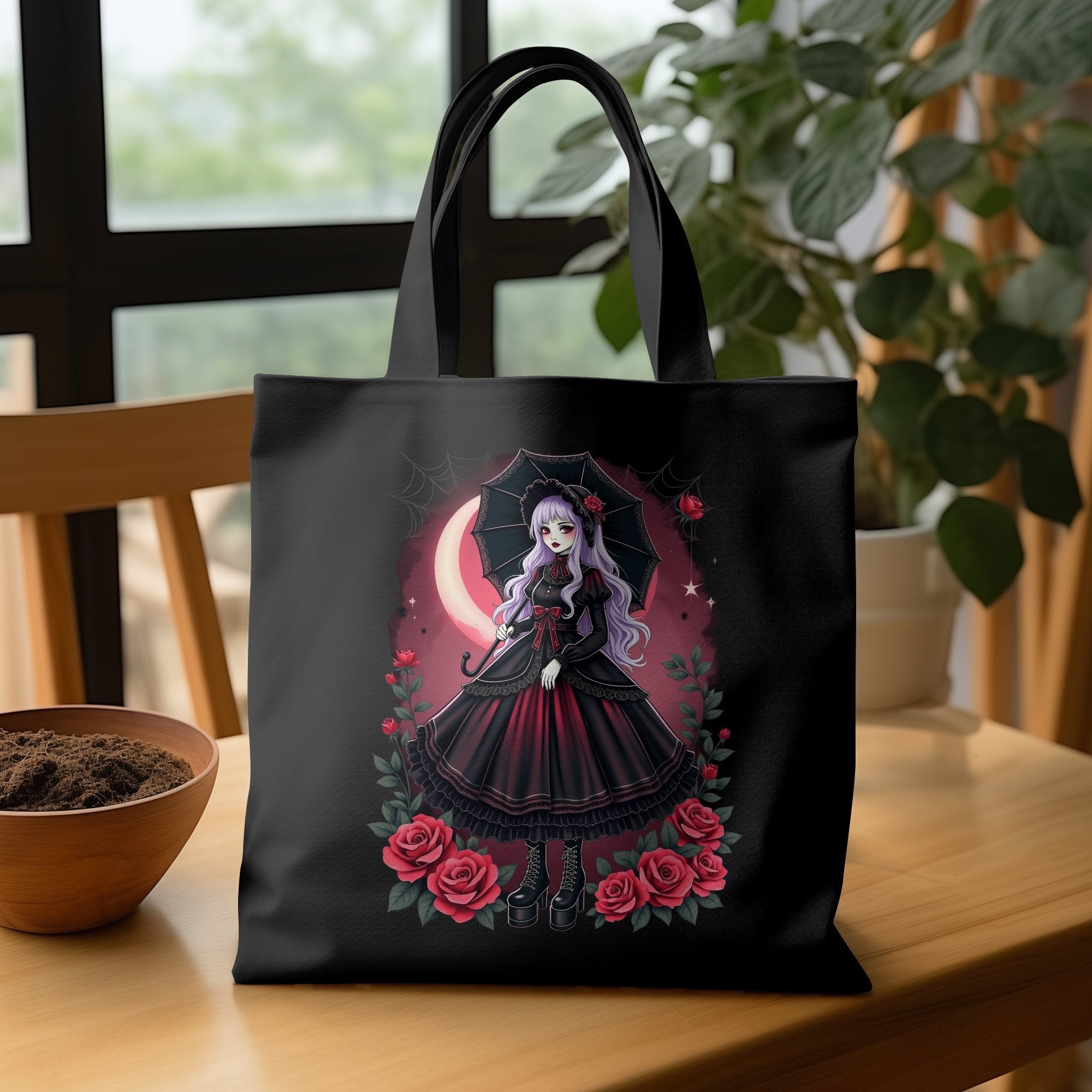 Gothic Lolita Tote Bag Anime Art Red and Black Tote Bag with Roses and Umbrella Unique Fashion Accessories - Craig Michael Design