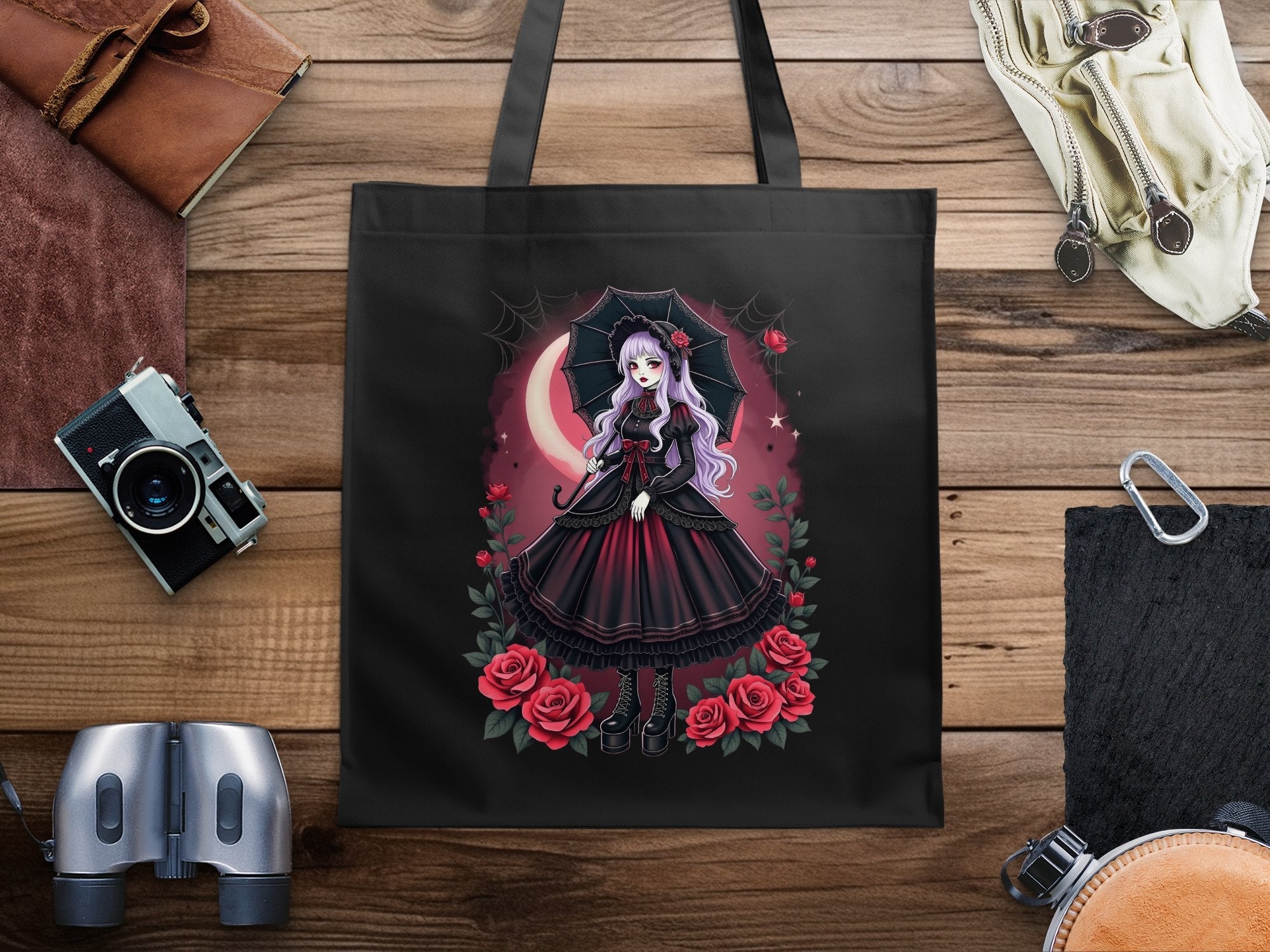 Gothic Lolita Tote Bag Anime Art Red and Black Tote Bag with Roses and Umbrella Unique Fashion Accessories - Craig Michael Design