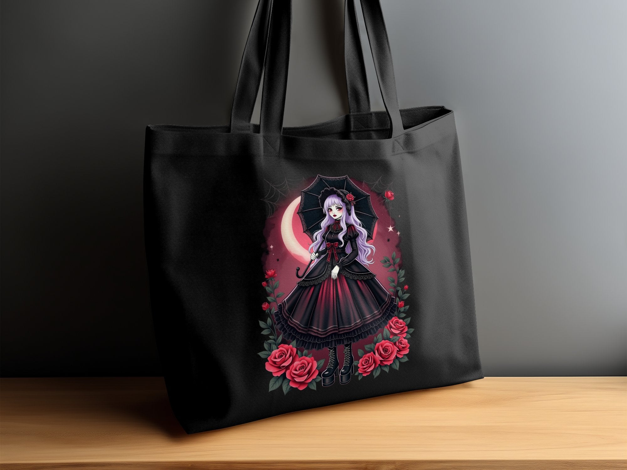 Gothic Lolita Tote Bag Anime Art Red and Black Tote Bag with Roses and Umbrella Unique Fashion Accessories - Craig Michael Design