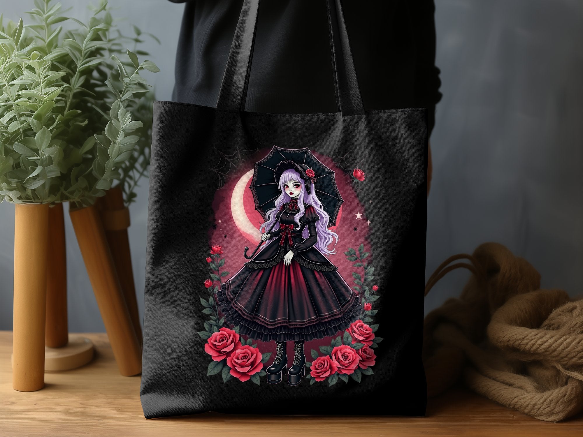 Gothic Lolita Tote Bag Anime Art Red and Black Tote Bag with Roses and Umbrella Unique Fashion Accessories - Craig Michael Design