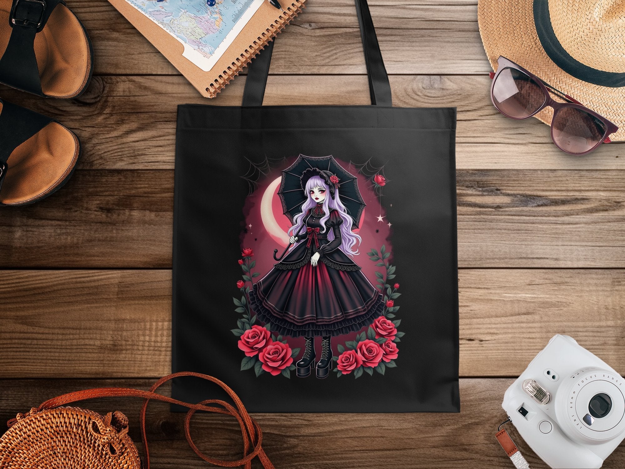 Gothic Lolita Tote Bag Anime Art Red and Black Tote Bag with Roses and Umbrella Unique Fashion Accessories - Craig Michael Design