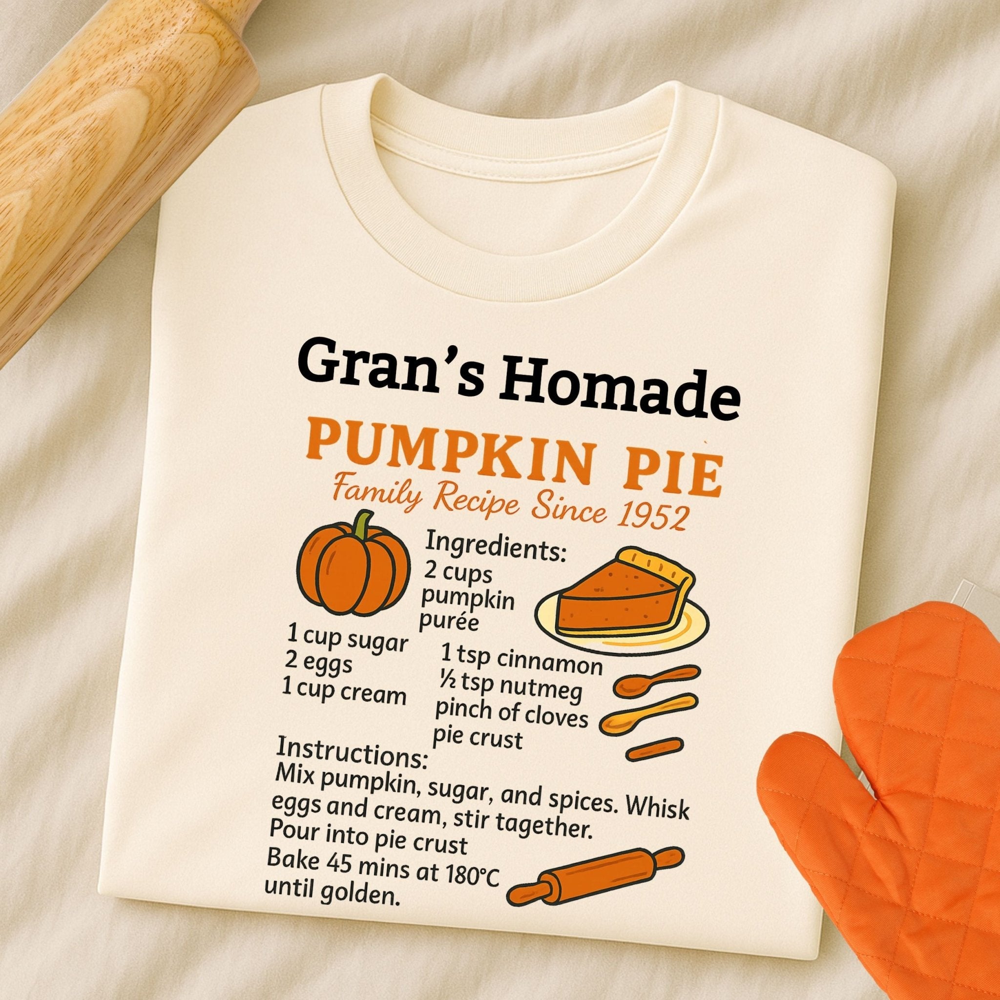 Gran’s Homemade Pumpkin Pie Tee, Vintage Recipe Card T-Shirt - Craig Michael Design