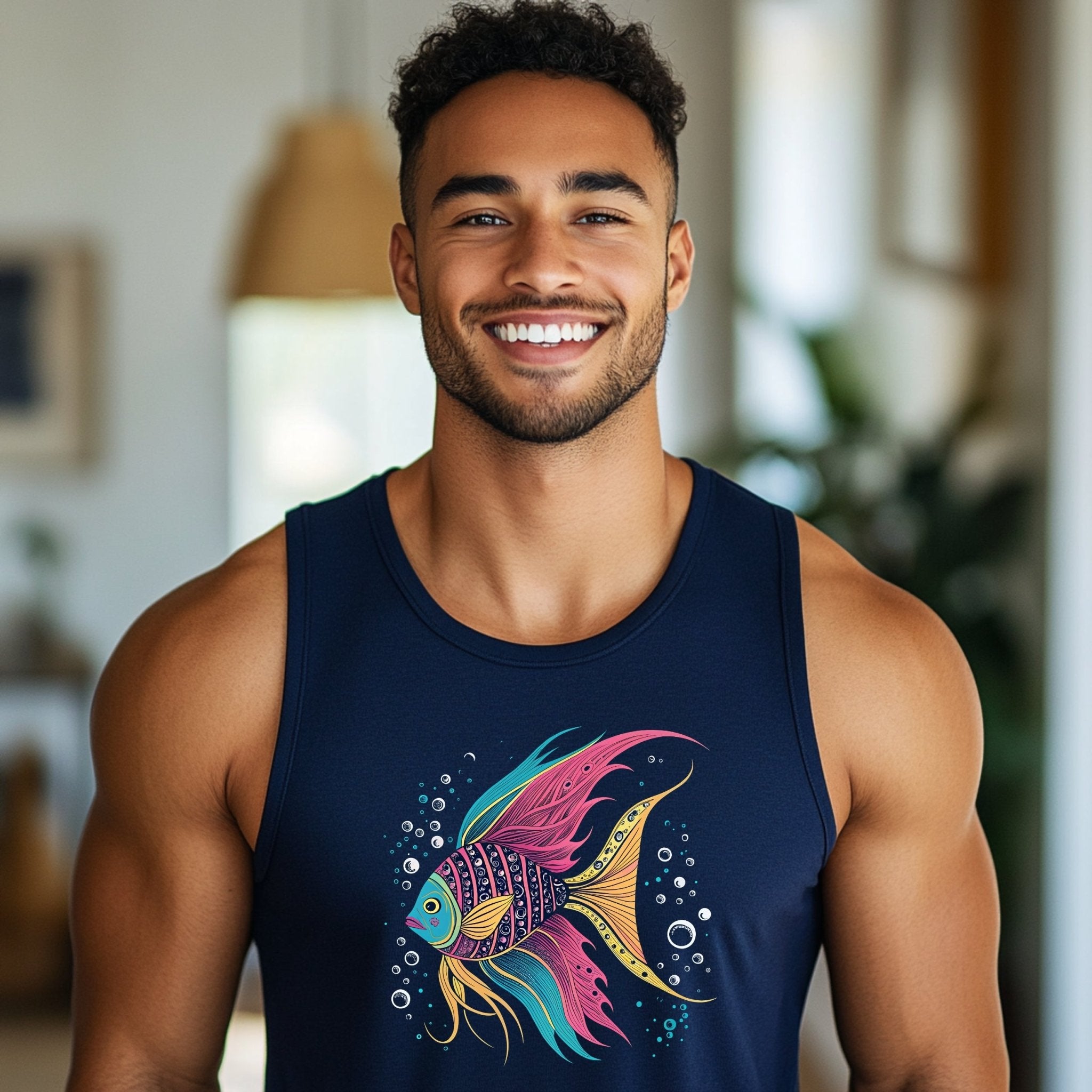 Great Barrier Reef inspired tank top, colorful fish design tank top, mens sleeveless summer t-shirt, marine life graphic tank top - Craig Michael Design