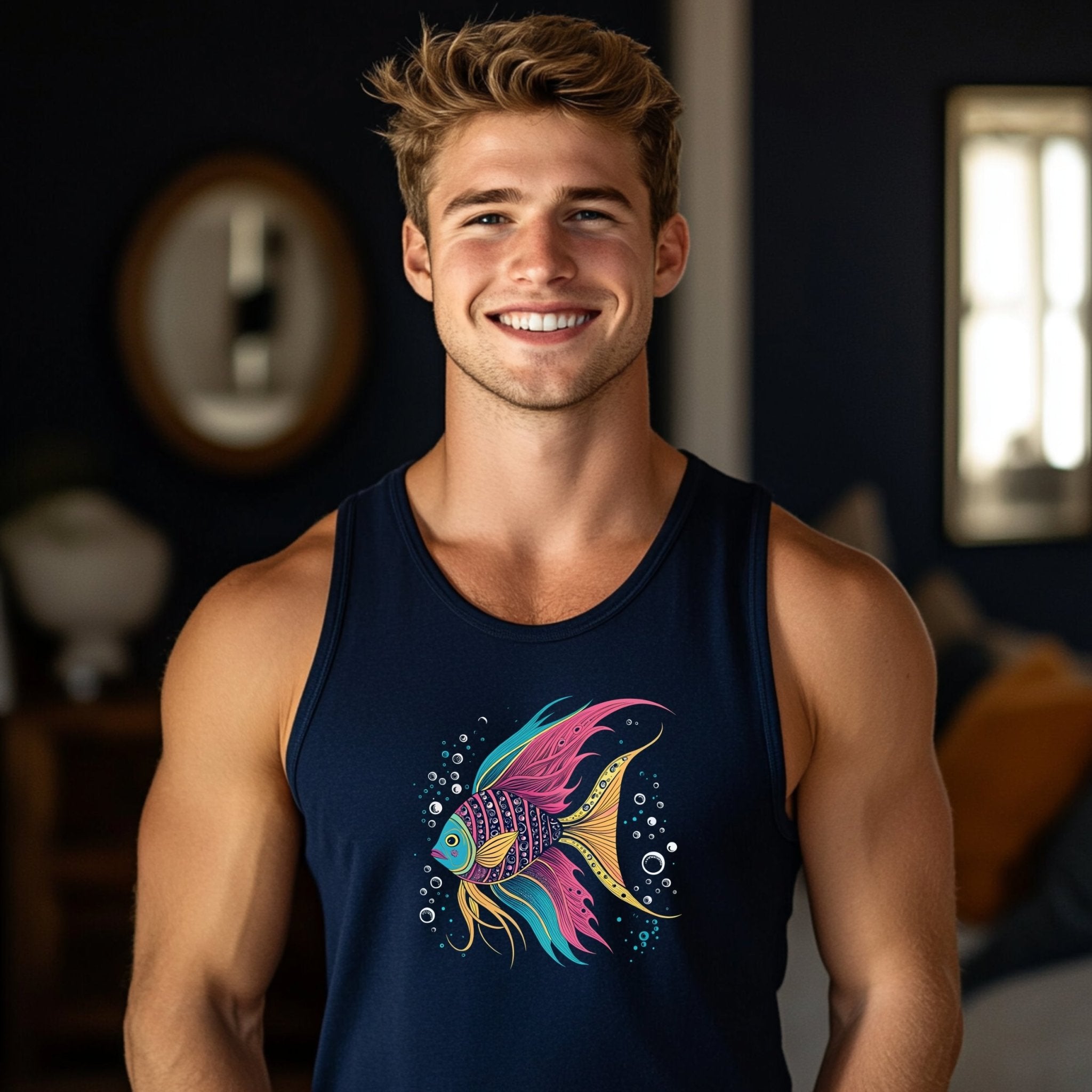 Great Barrier Reef inspired tank top, colorful fish design tank top, mens sleeveless summer t-shirt, marine life graphic tank top - Craig Michael Design