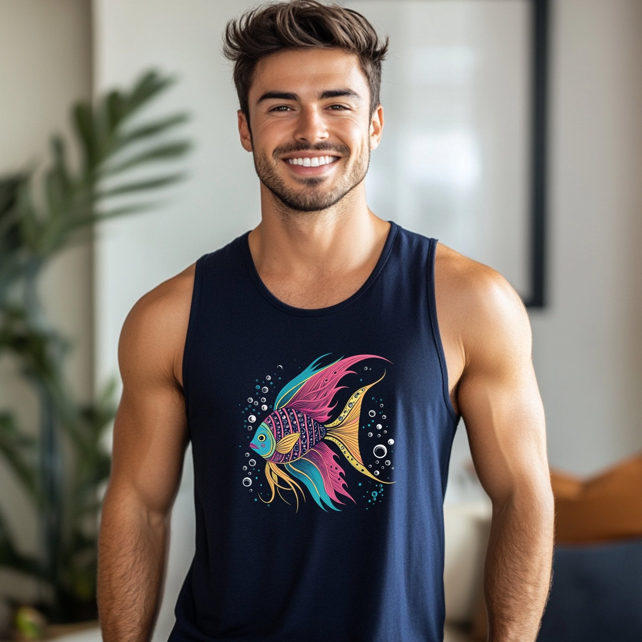 Great Barrier Reef inspired tank top, colorful fish design tank top, mens sleeveless summer t-shirt, marine life graphic tank top - Craig Michael Design